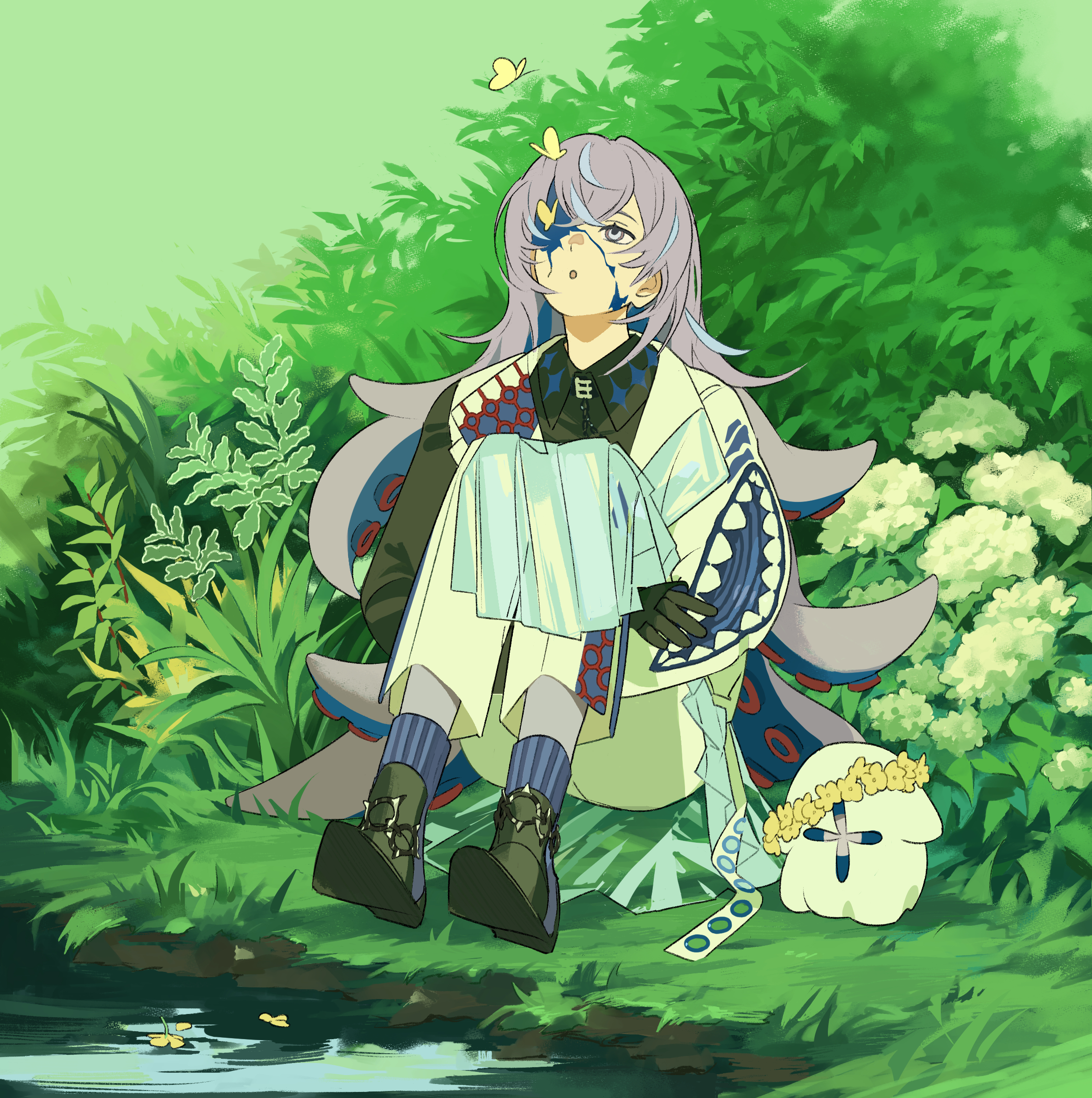 moku (kedr2558), hoshirube sho, hoshirube sho (1st costume), otomo (hoshirube sho), nijisanji, commentary, highres, 1boy, :o, black gloves, black shirt, black shoes, blue hair, blue socks, bush, cracked skin, extra mouth, flower, full body, ghost, gloves, grass, grey eyes, head wreath, hollow body, hugging own legs, iridescent clothes, long hair, long sleeves, looking up, male focus, multicolored hair, pants, pond, purple hair, shirt, shoes, sitting, socks, solo, streaked hair, tentacle hair, two-tone shirt, very long hair, virtual youtuber, white flower, white pants, white shirt, yellow flower