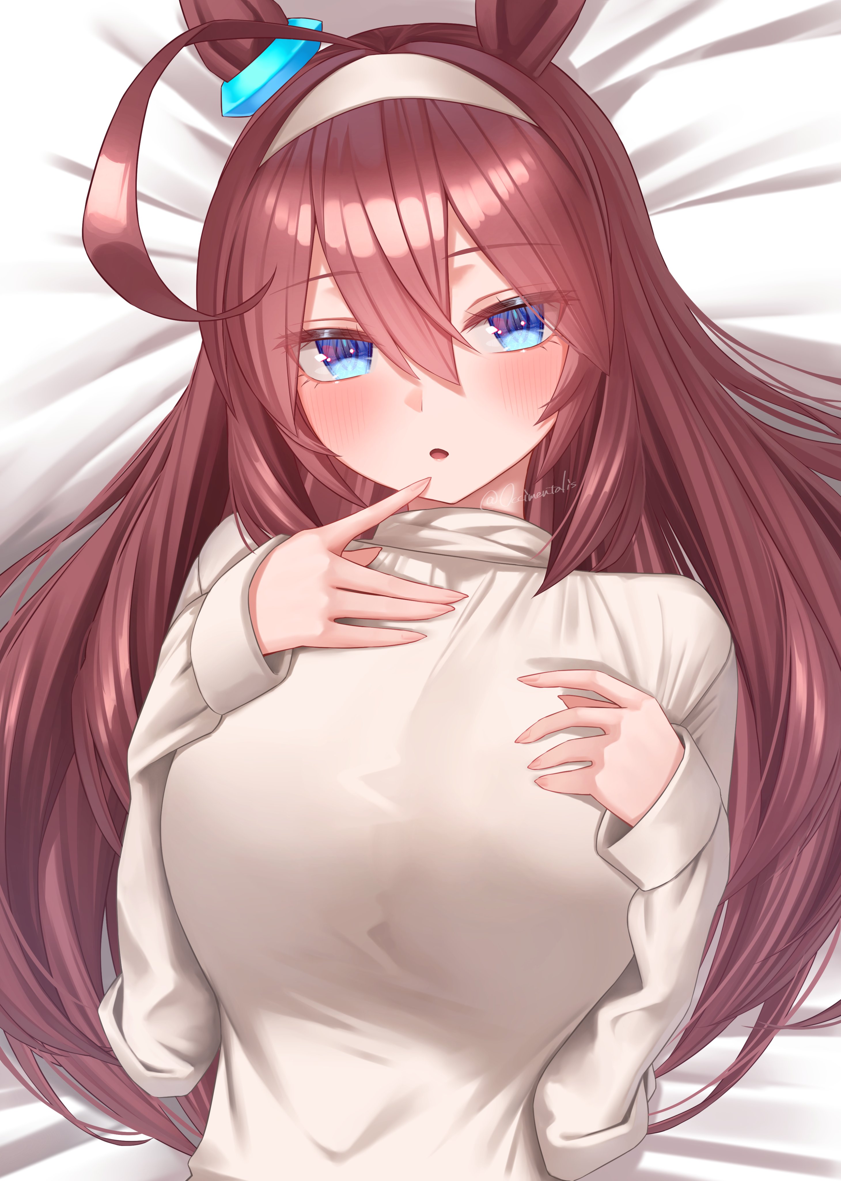 menchi rishio, mihono bourbon (umamusume), umamusume, absurdres, commentary request, highres, 1girl, ahoge, alternate costume, animal ears, bed sheet, blue eyes, blush, breasts, brown hair, ear ornament, fingernails, hair between eyes, hairband, horse ears, horse girl, huge ahoge, large breasts, long hair, long sleeves, looking at viewer, lying, on back, on bed, open mouth, solo, sweater, turtleneck, turtleneck sweater, white hairband, white sweater