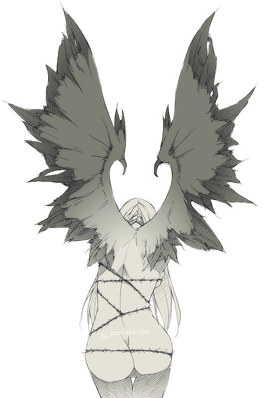 angel, ass, bdsm, bondage, monochrome, slave, solo, wings