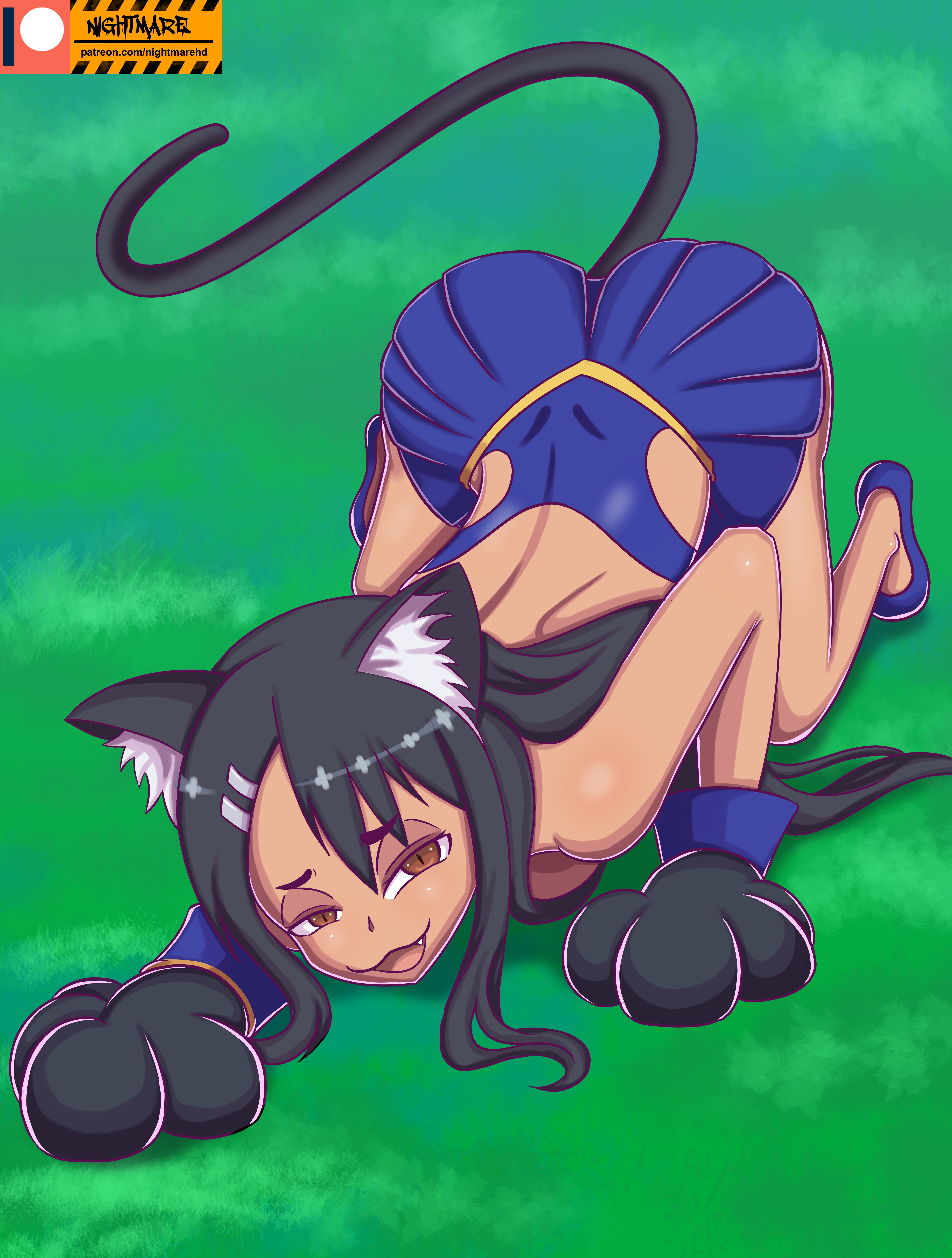 nightmare hdraw, nagatoro hayase, ijiranaide nagatoro-san, 1girl, :3, animal ears, artist name, black hair, blue leotard, blue shoes, blue skirt, brown eyes, cat ears, cat girl, cat tail, eyelashes, fang, female focus, full body, gloves, grass, half-closed eyes, kemonomimi mode, leotard, long hair, looking at viewer, looking up, naughty face, open mouth, outdoors, paw gloves, shoes, skirt, smile, solo, tail, tan, top-down bottom-up