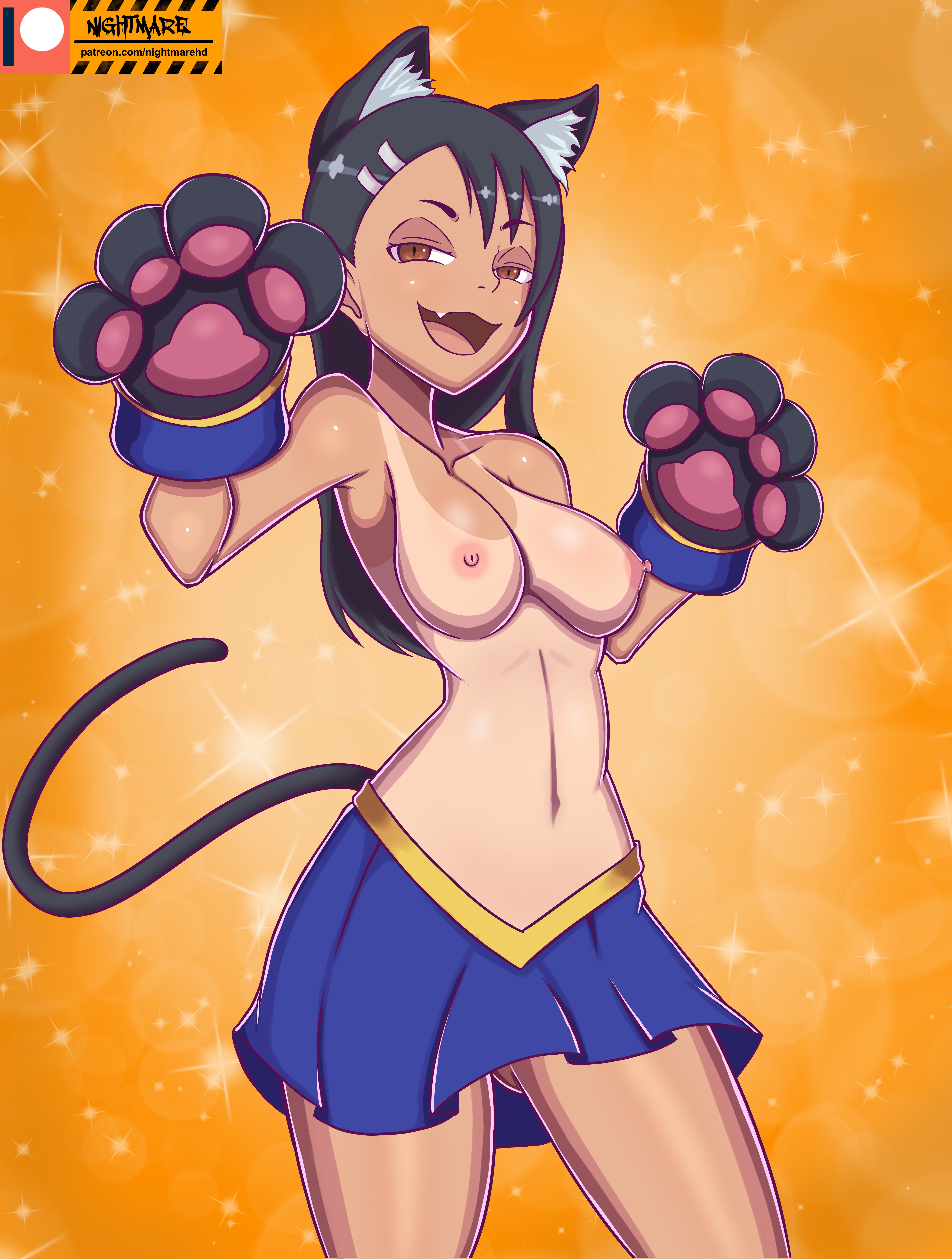 nightmare hdraw, nagatoro hayase, ijiranaide nagatoro-san, variant set, 1girl, animal ears, black gloves, black hair, blue skirt, breasts, brown eyes, cat ears, cat girl, cat tail, collarbone, fang, feet out of frame, female focus, gloves, half-closed eyes, kemonomimi mode, long hair, looking at viewer, medium breasts, naughty face, navel, nipples, open mouth, orange background, paw gloves, simple background, skirt, smug, solo, standing, tail, tan, tanline, tongue, topless female