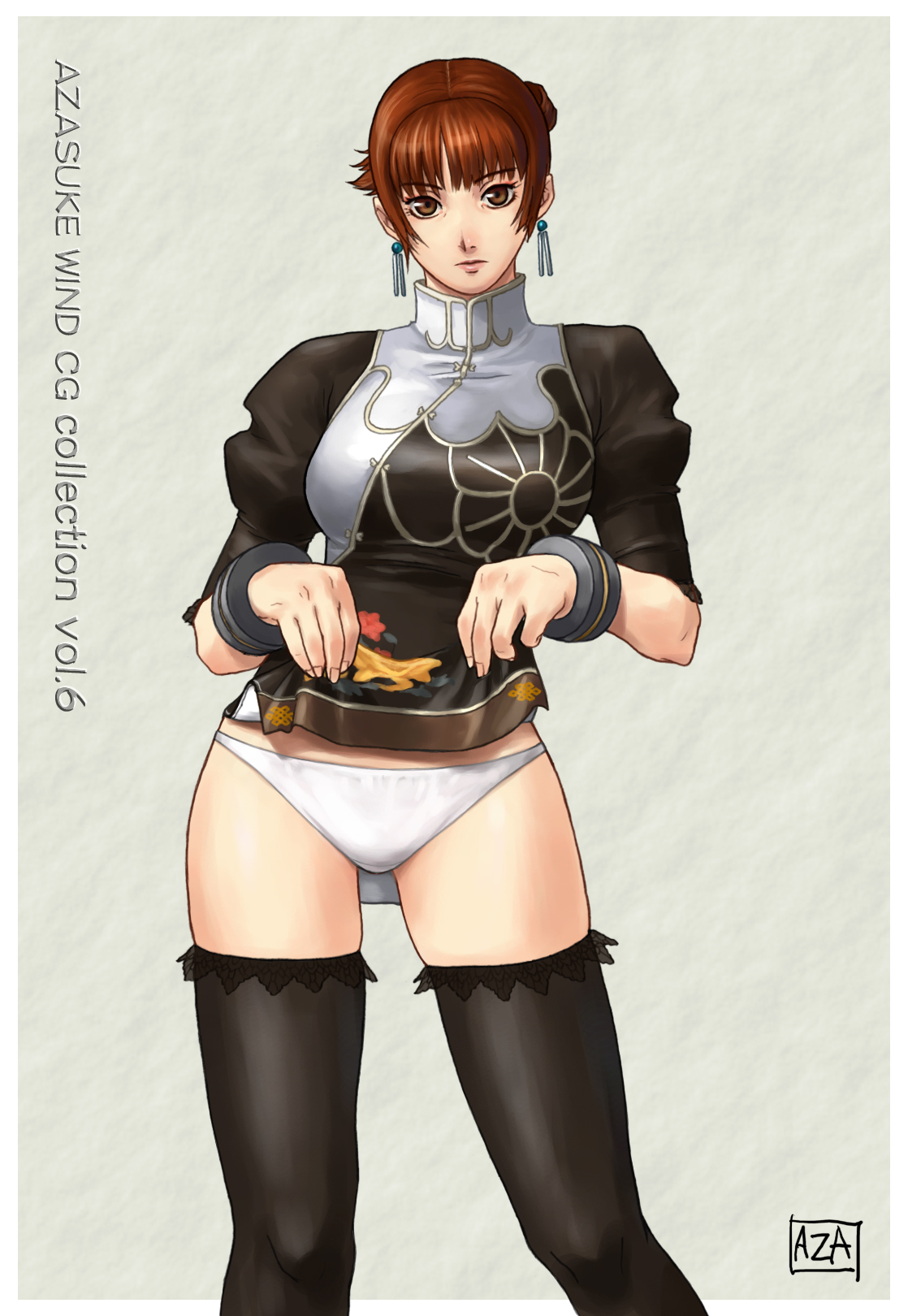 azasuke, chai xianghua, soul calibur, soulcalibur, soulcalibur ii, highres, 1girl, alternate costume, black dress, black thighhighs, breasts, brown eyes, brown hair, china dress, chinese clothes, clothes lift, dress, dress lift, earrings, female focus, jewelry, panties, short hair, solo, standing, thighhighs, underwear, white panties, zettai ryouiki