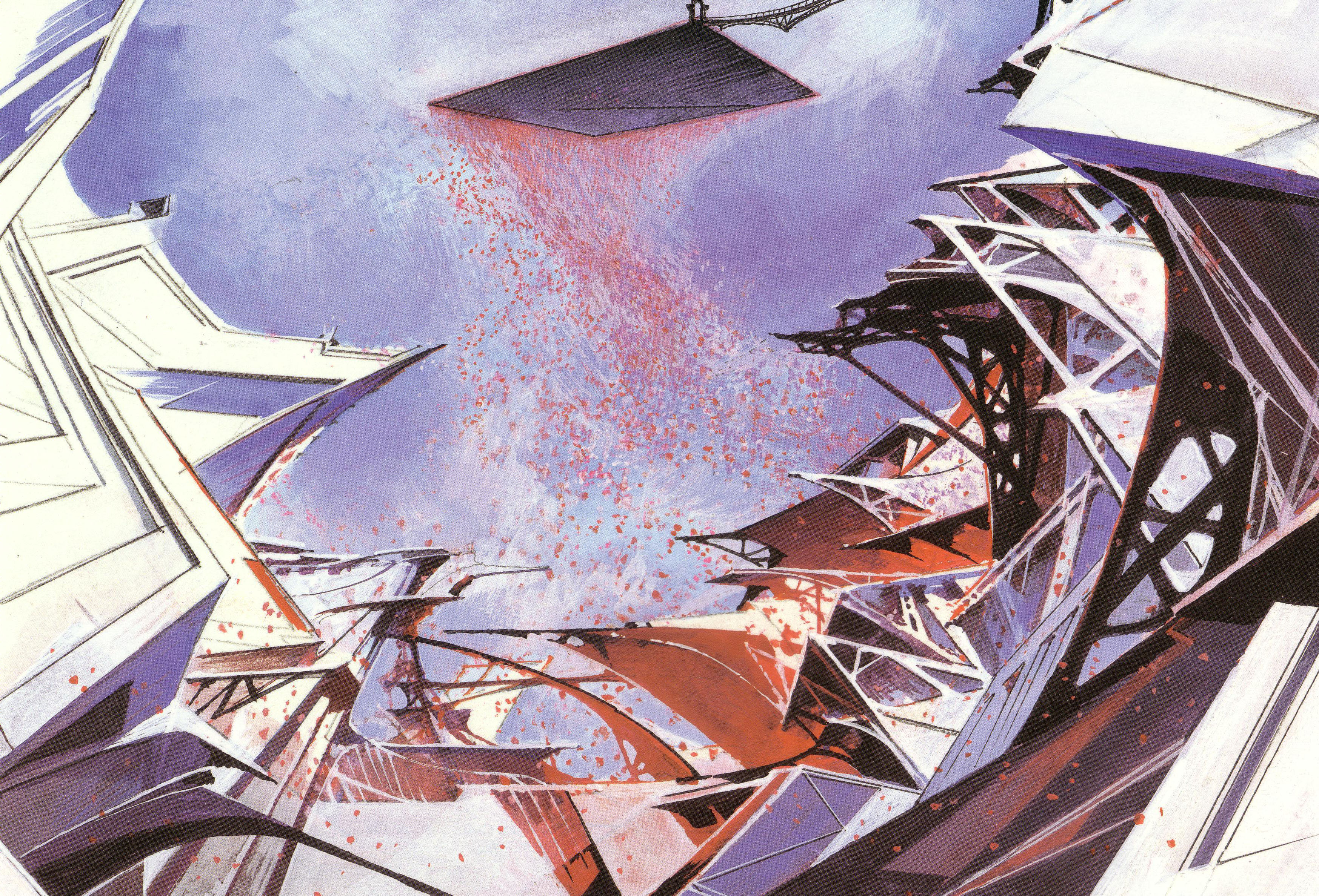 shoujo kakumei utena, shoujo kakumei utena adolescence mokushiroku, absurdres, highres, official art, scan, 1990s (style), architecture, building, flower, no humans, retro artstyle, rose, scenery, sky