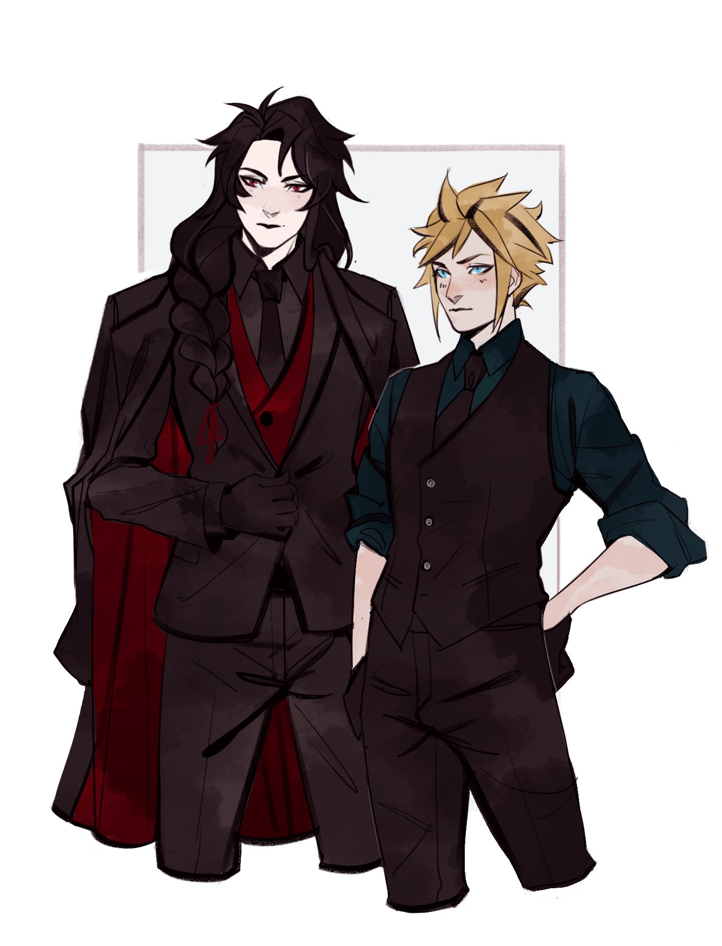 robasarel, cloud strife, vincent valentine, final fantasy, final fantasy vii, hashtag-only commentary, highres, 2boys, adjusting clothes, alternate costume, black coat, black gloves, black hair, black jacket, black necktie, black pants, black vest, blonde hair, blue eyes, blue shirt, border, braid, coat, coat on shoulders, collarbone, cowboy shot, cropped legs, formal clothes, gloves, grey background, grey shirt, hair over shoulder, hand on own hip, jacket, light blush, long hair, male focus, multiple boys, necktie, pale skin, pants, red coat, red eyes, red vest, shirt, short hair, single braid, sleeves rolled up, two-sided coat, two-sided fabric, vest, waistcoat, white border