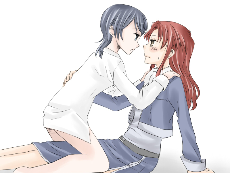 gomau, mizutani eri, ozaki reiko, idolmaster, 00s, 2girls, blue eyes, blue hair, blush, bottomless, brown eyes, brown hair, dress shirt, jacket, long hair, multiple girls, red hair, shirt, short hair, skirt, straddling, sweat, yuri