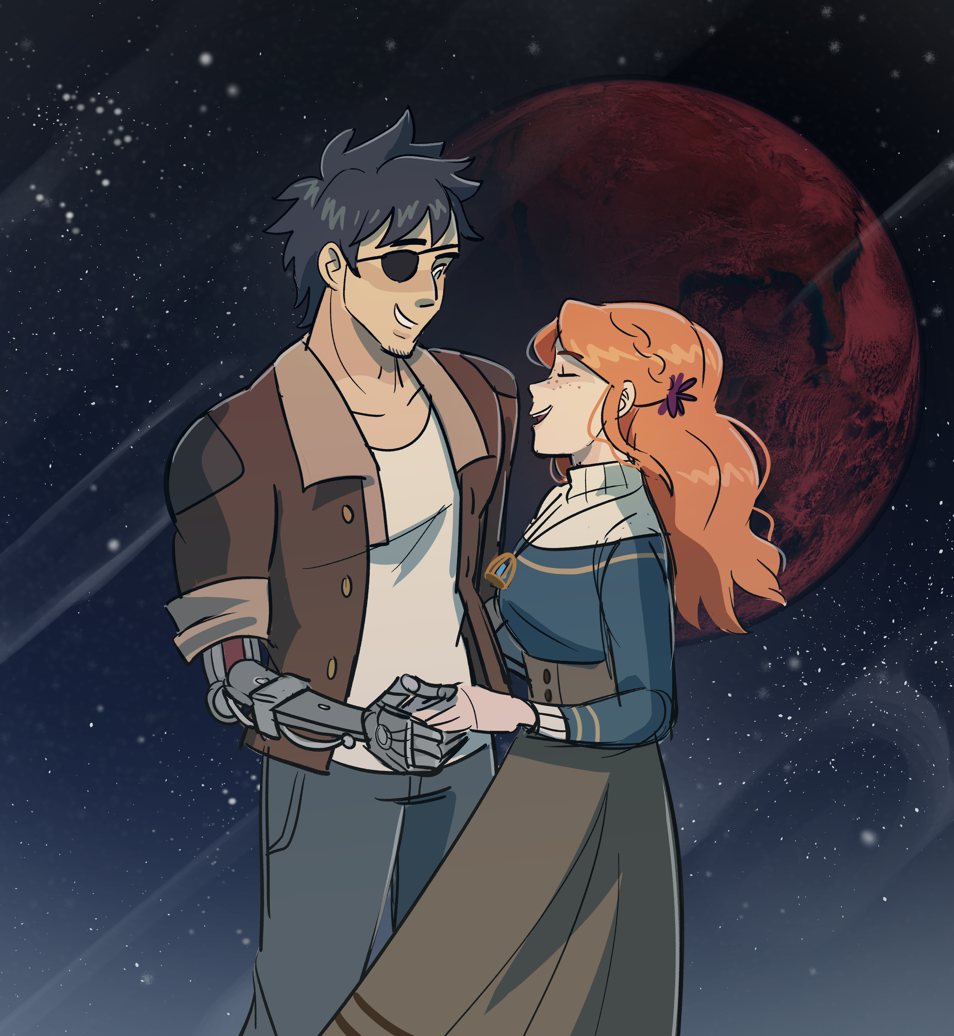 diana (kyokugen dasshutsu), sigma (kyokugen dasshutsu), kyokugen dasshutsu, kyokugen dasshutsu adv: zennin shibou desu, zero escape: toki no dilemma, absurdres, commentary, highres, spoilers, 1boy, 1girl, alternate costume, ariespetal, black hair, blue shirt, brown jacket, brown skirt, closed eyes, collarbone, earth (planet), eyepatch, flower, freckles, grey pants, hair flower, hair ornament, jacket, jewelry, long sleeves, mechanical arms, necklace, open clothes, open jacket, open mouth, orange hair, pants, planet, shirt, short hair, skirt, smile, space, star (sky), teeth, upper teeth only, white shirt