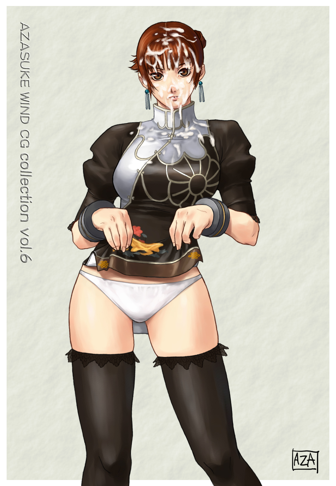 azasuke, chai xianghua, soul calibur, soulcalibur, soulcalibur ii, highres, 1girl, alternate costume, black dress, black thighhighs, breasts, brown eyes, brown hair, china dress, chinese clothes, clothes lift, cum, cum on body, cum on clothes, cum on hair, cum on upper body, cumdrip, dress, dress lift, earrings, facial, female focus, jewelry, panties, short hair, solo, standing, thighhighs, underwear, white panties, zettai ryouiki