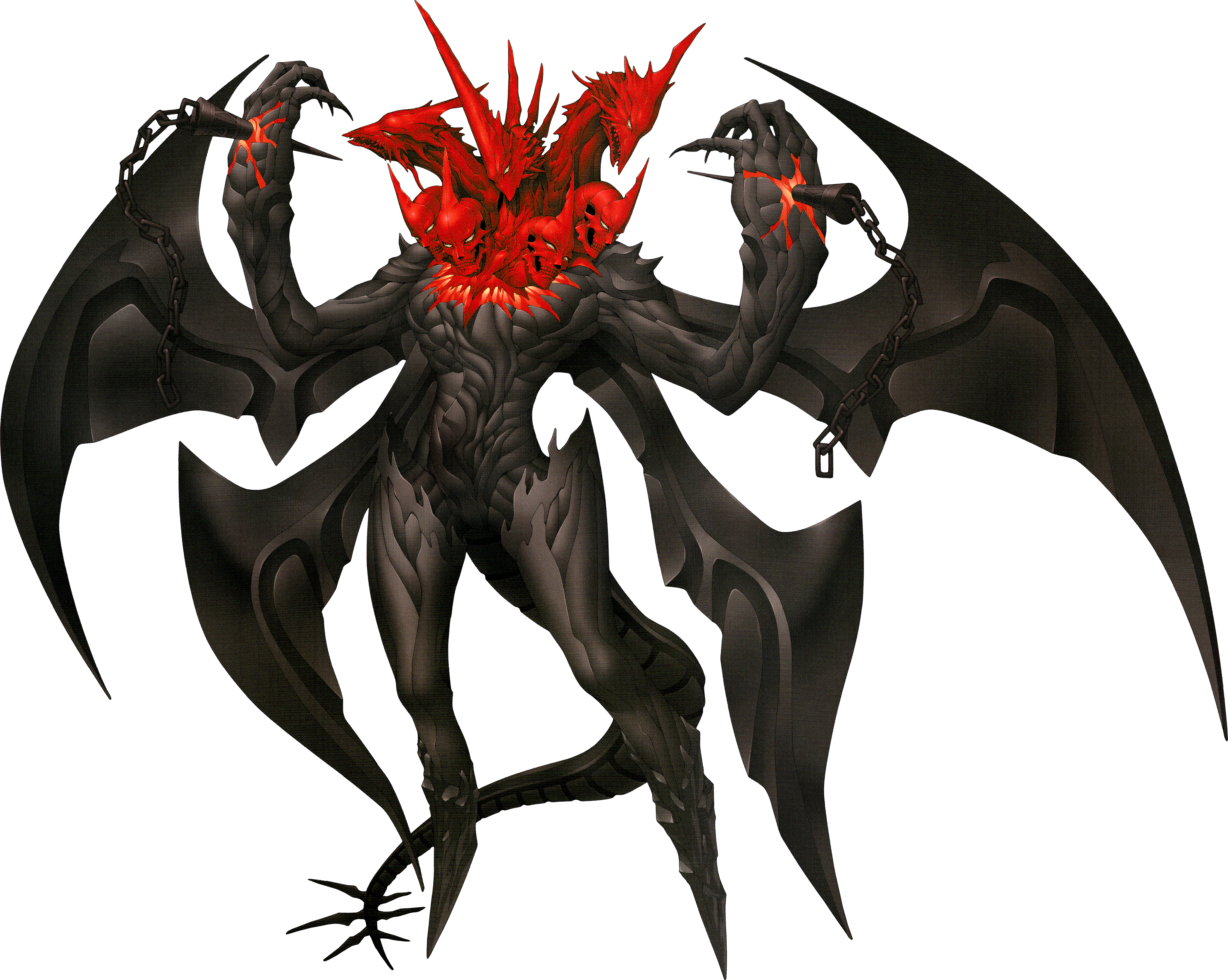 doi masayuki, satan (megami tensei), shin megami tensei, shin megami tensei iv final, absurdres, highres, official art, scan, third-party source, 1boy, chain, claws, demon, demon (megami tensei), hands up, horns, impaled, large hands, male focus, multiple heads, multiple wings, no feet, shoulder spikes, skull, solo, spikes, standing, tail, transparent background, wings