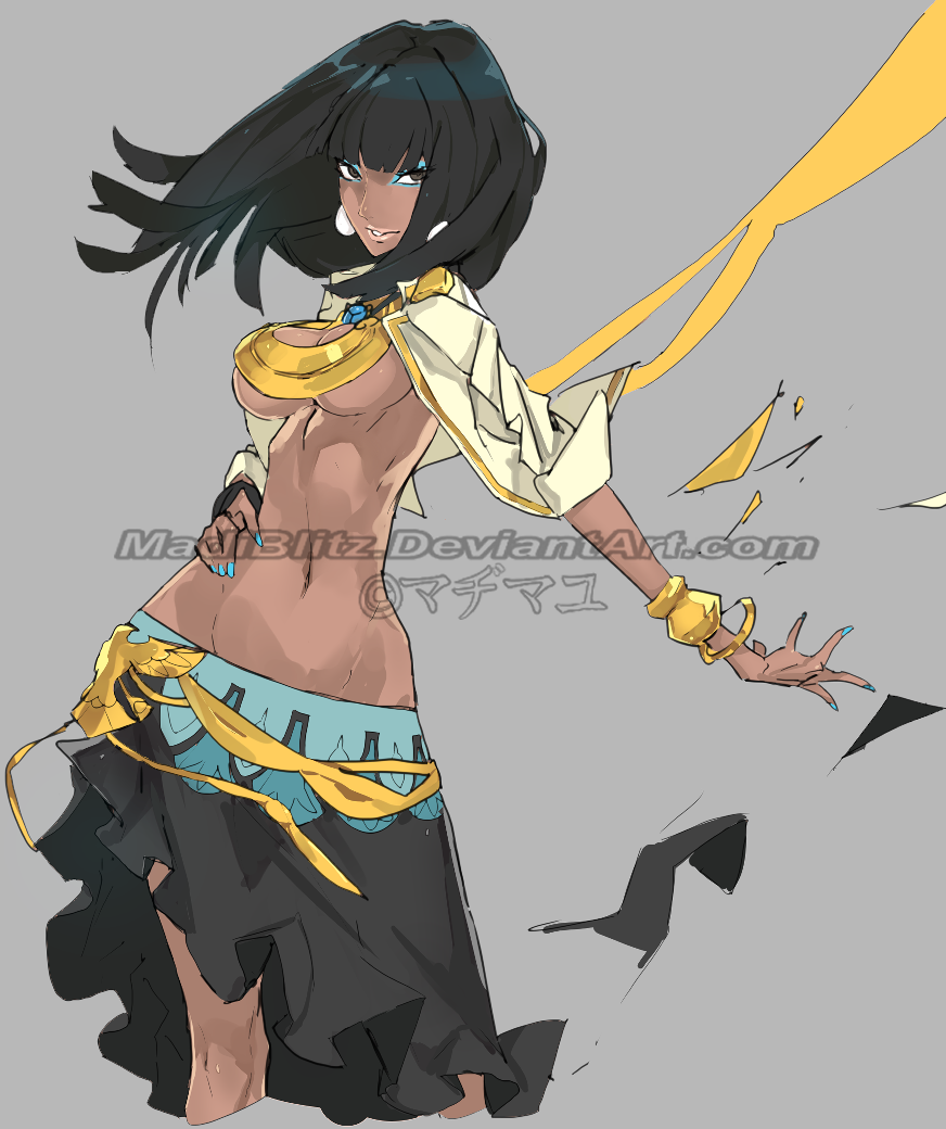 madiblitz, alice (kyokugen dasshutsu), kyokugen dasshutsu, kyokugen dasshutsu adv: zennin shibou desu, commentary, commission, english commentary, 1girl, aqua nails, black eyes, black hair, black skirt, blue eyeshadow, bracelet, breasts, cleavage, cropped jacket, cropped legs, dark-skinned female, dark skin, deviantart username, earrings, eyeshadow, fingernails, gold bracelet, hand on own hip, jacket, jewelry, lips, long hair, makeup, nail polish, navel, open clothes, open jacket, skirt, solo, stomach, underboob, watermark, web address, white jacket