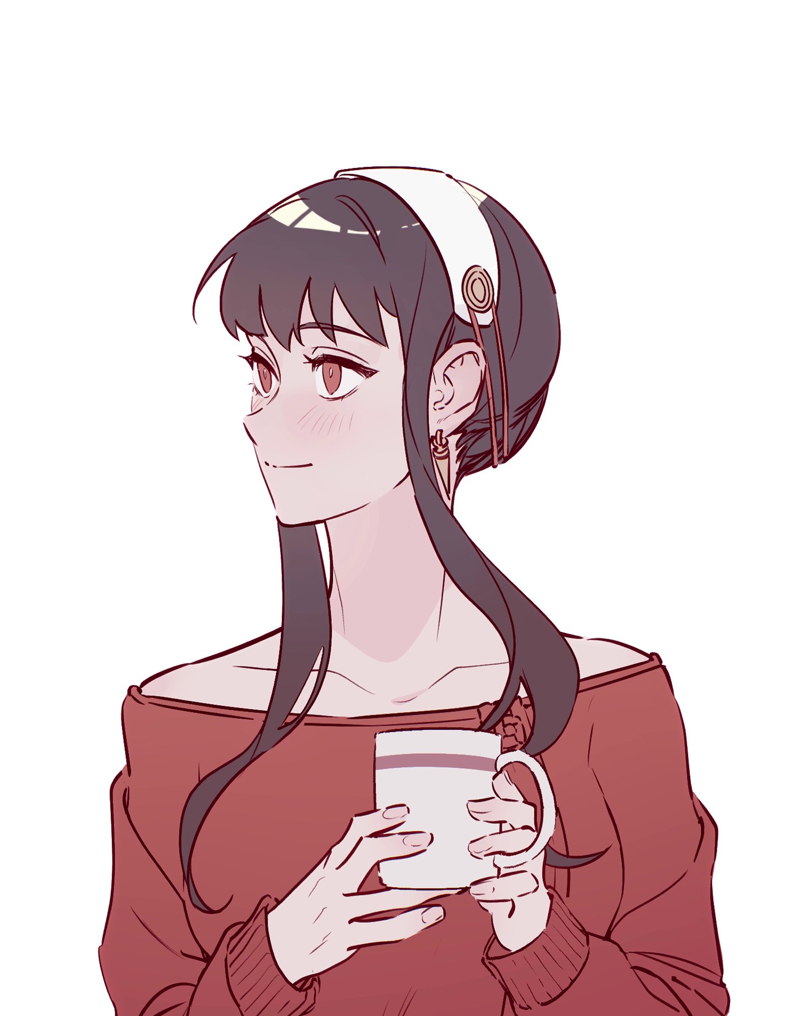 ideksams, yor briar, spy x family, commentary, highres, symbol-only commentary, 1girl, black hair, breasts, closed mouth, collarbone, cup, dress, earrings, gold earrings, hairband, holding, holding cup, jewelry, light blush, light smile, long hair, medium breasts, off-shoulder dress, off shoulder, red dress, red eyes, red sweater, sidelocks, solo, sweater, sweater dress, updo, upper body, white background, white hairband