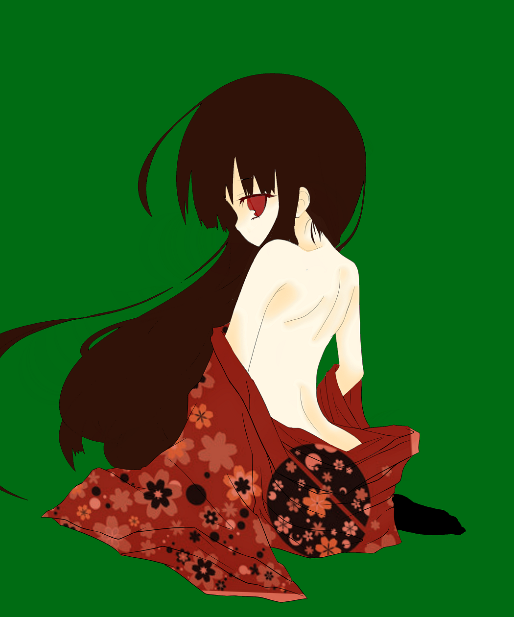 houraisan kaguya, touhou, bad id, bad pixiv id, highres, 1girl, black hair, female focus, from behind, japanese clothes, kimono, long hair, red eyes, simple background, solo, undressing