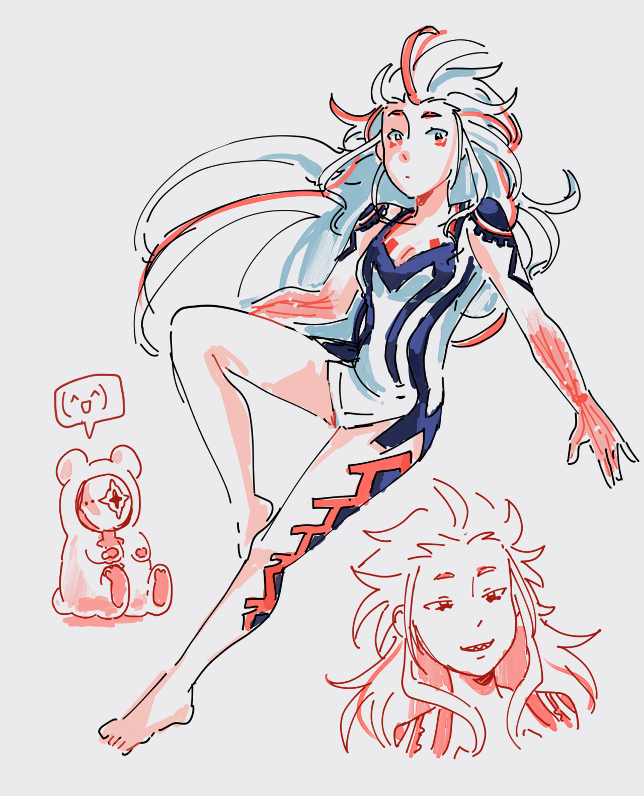 ayellowapple, aiba (ai the somnium files), ai the somnium files, commentary, english commentary, highres, 1girl, barefoot, breasts, cropped shirt, full body, long hair, multicolored hair, multiple views, one-eyed, red hair, see-through body, sharp teeth, simple background, sitting, spoken expression, streaked hair, teeth, two-tone hair, white background, white hair