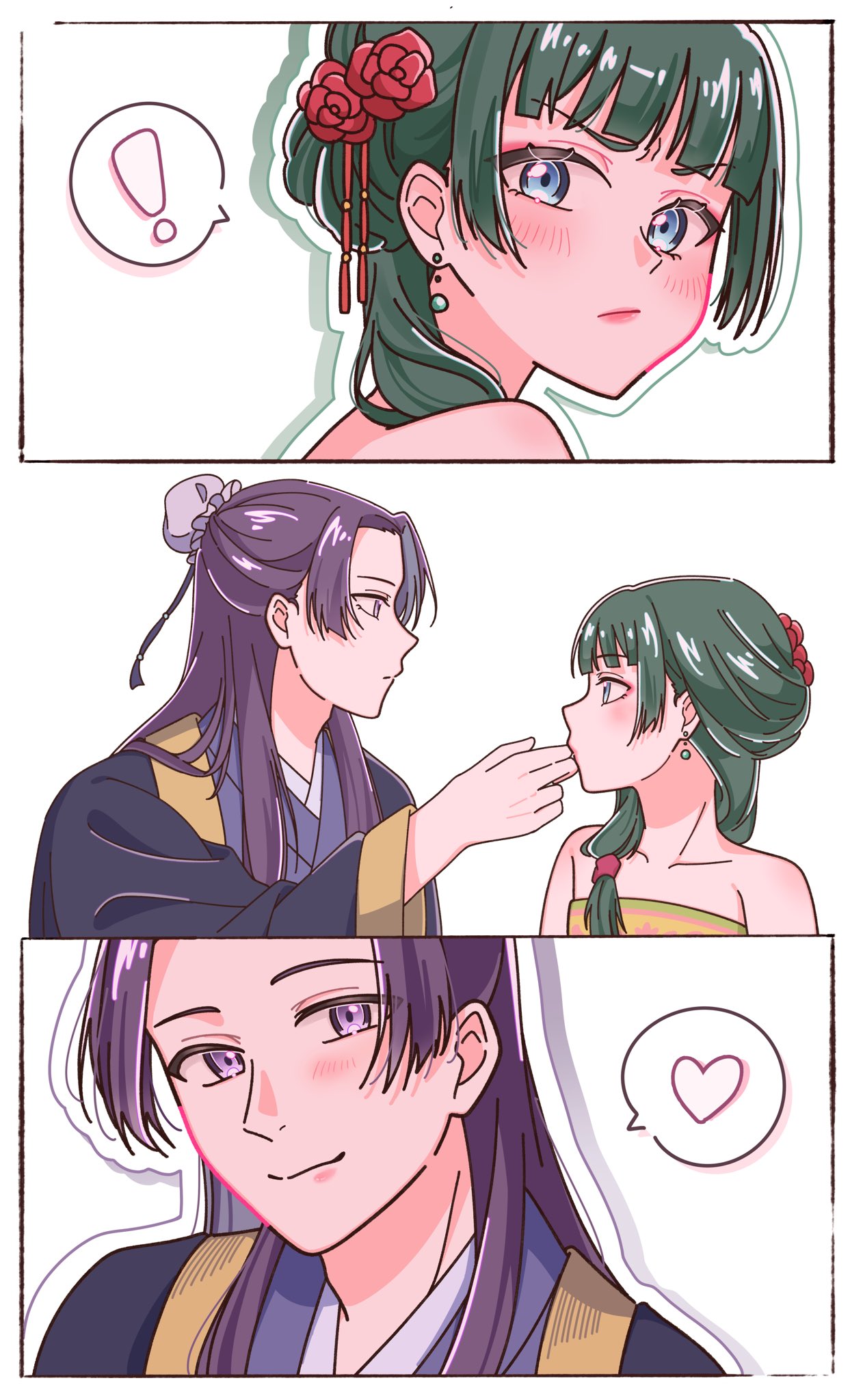 jinshi (kusuriya no hitorigoto), maomao (kusuriya no hitorigoto), kusuriya no hitorigoto, commentary request, highres, !, 1boy, 1girl, black robe, blue eyes, blunt bangs, blush, border, bun cover, dress, earrings, flower, furrowed brow, green hair, hair bun, hair flower, hair ornament, hair over shoulder, half updo, hand on another's face, heart, jewelry, koharusame, light smile, looking at another, parted bangs, purple hair, red flower, robe, spoken exclamation mark, spoken heart, strapless, strapless dress, tassel, tassel hair ornament, white background, white border