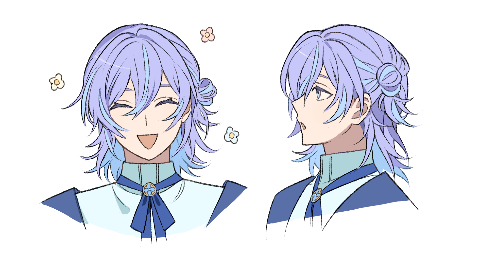 moku (kedr2558), hoshirube sho, hoshirube sho (2nd costume), nijisanji, commentary, highres, 1boy, :o, blue bow, blue bowtie, blue coat, blue hair, bow, bowtie, closed eyes, coat, colored inner hair, cropped shoulders, facing viewer, green eyes, hair bun, looking to the side, male focus, multicolored hair, multiple views, official alternate hairstyle, open mouth, portrait, purple hair, shirt, short hair, simple background, single side bun, streaked hair, virtual youtuber, white background, white shirt