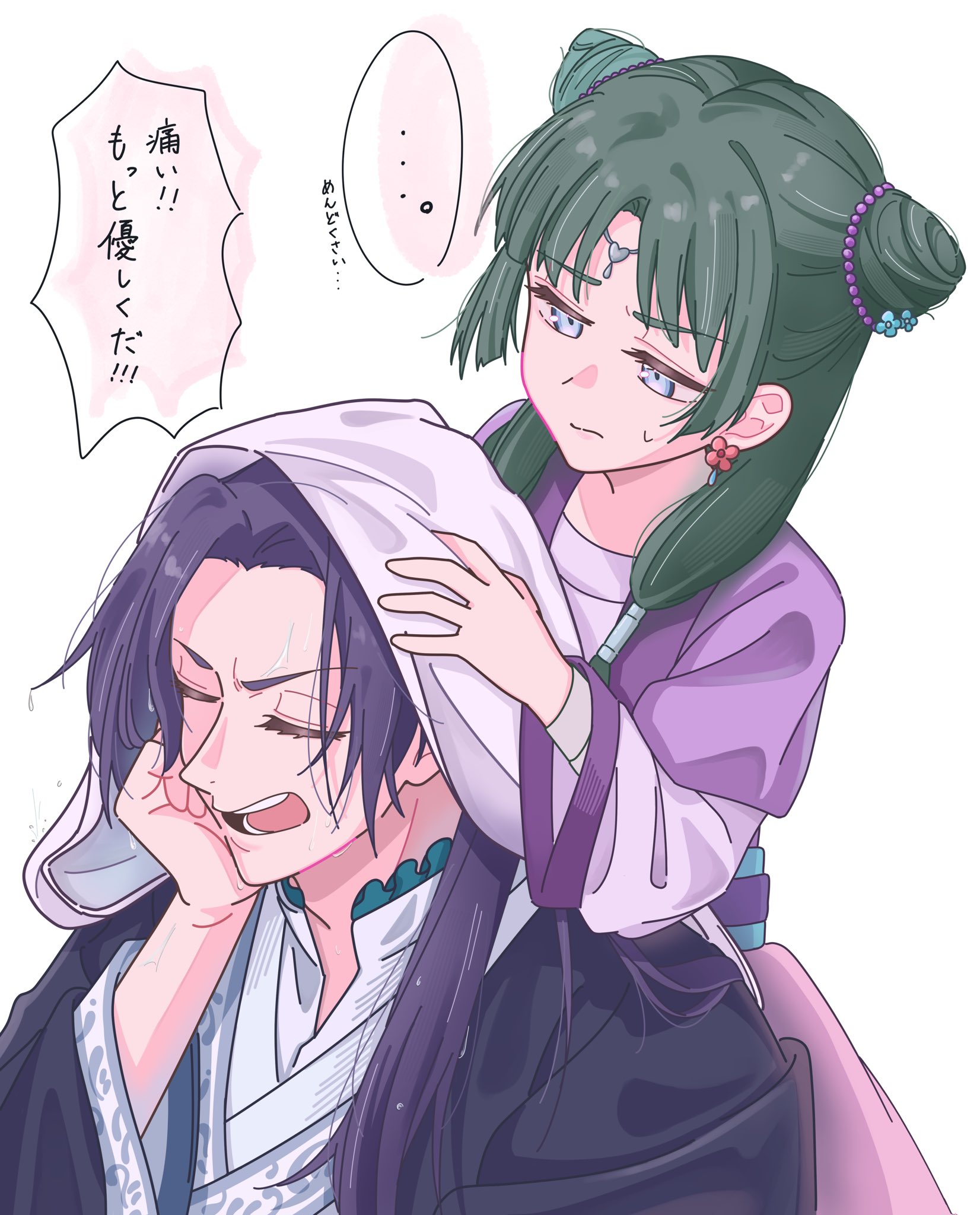 jinshi (kusuriya no hitorigoto), maomao (kusuriya no hitorigoto), kusuriya no hitorigoto, commentary request, highres, …, 1boy, 1girl, black robe, blue eyes, chinese clothes, circlet, closed eyes, cone hair bun, double bun, dress, drying, drying another's hair, drying hair, earrings, flower earrings, furrowed brow, hair bun, hair over shoulder, half updo, head on hand, jewelry, koharusame, open mouth, parted bangs, parted lips, purple dress, robe, spoken ellipsis, sweat, towel, towel on head, upper body, wet, wet hair, white background