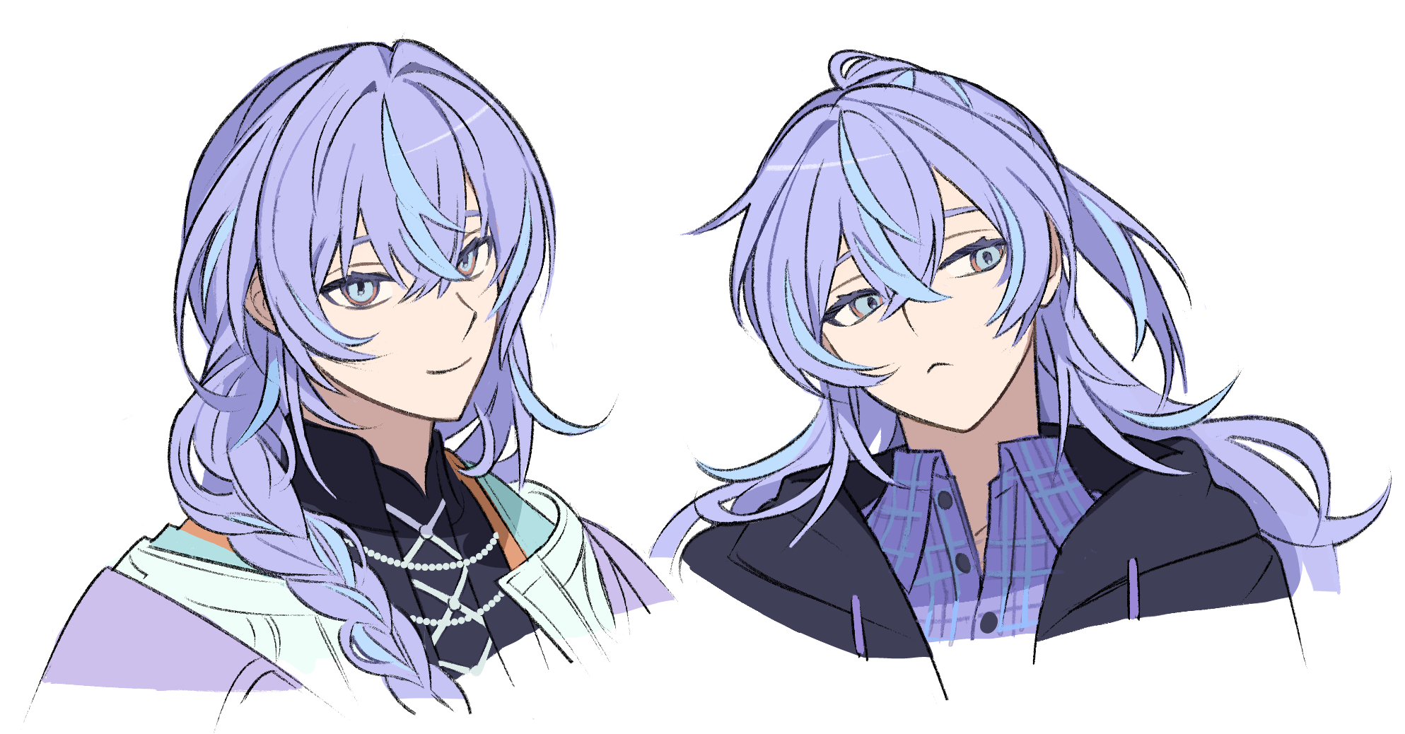 moku (kedr2558), hoshirube sho, nijisanji, commentary, highres, 1boy, :<, alternate costume, alternate hairstyle, black hoodie, blue eyes, blue hair, blue jacket, braid, buttons, cropped torso, frown, hood, hoodie, jacket, looking to the side, male focus, multicolored hair, multiple views, plaid clothes, plaid shirt, ponytail, portrait, purple hair, purple shirt, shirt, smile, streaked hair, virtual youtuber, white shirt