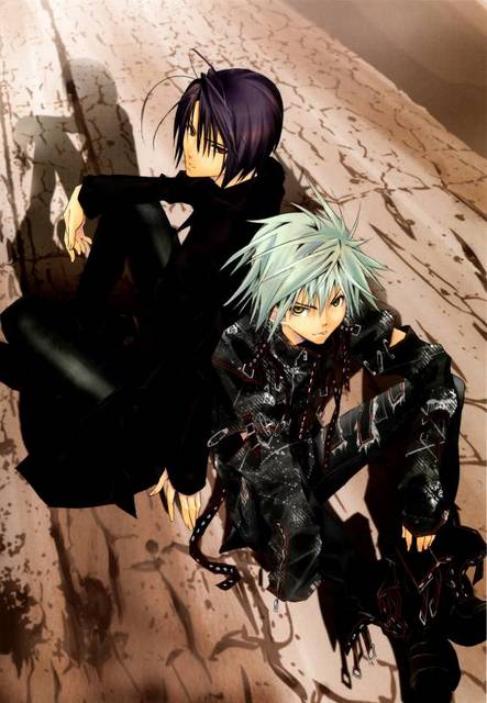 akatsuki chika, tachibana shito, zombie loan, silver hair, jpeg artifacts, 00s, antenna hair, green eyes, purple hair, red eyes