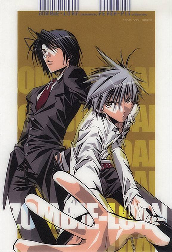 akatsuki chika, tachibana shito, zombie loan, silver hair, lowres, 00s, blue hair, from below