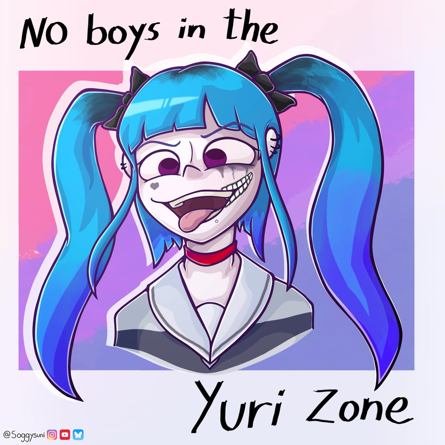 soggysuni, amemiya darumi, the hundred line -last defense academy-, commentary, english commentary, highres, black bow, black hair, blue hair, blunt bangs, bow, cropped shoulders, ear piercing, english text, face piercing, facepaint, facial mark, hair bow, heart, heart facial mark, instagram logo, long hair, mouth piercing, multicolored hair, open mouth, pale skin, piercing, purple eyes, sidelocks, smile, source quote, teeth, tongue, tongue out, twintails, twitter logo, twitter username, youtube logo