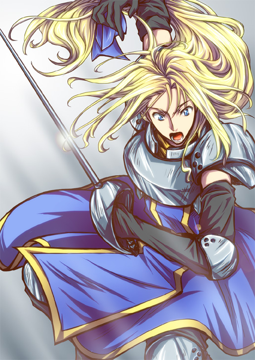 uzura (suzukane), charlotte christine de colde, samurai spirits, 1girl, armor, armored dress, black gloves, black thighhighs, blonde hair, blue dress, blue eyes, boots, breastplate, dress, elbow gloves, elbow pads, female focus, fighting stance, gloves, hair ribbon, knee pads, long hair, low-tied long hair, open mouth, pauldrons, rapier, ribbon, shoulder armor, solo, sword, tabard, thigh boots, thighhighs, weapon