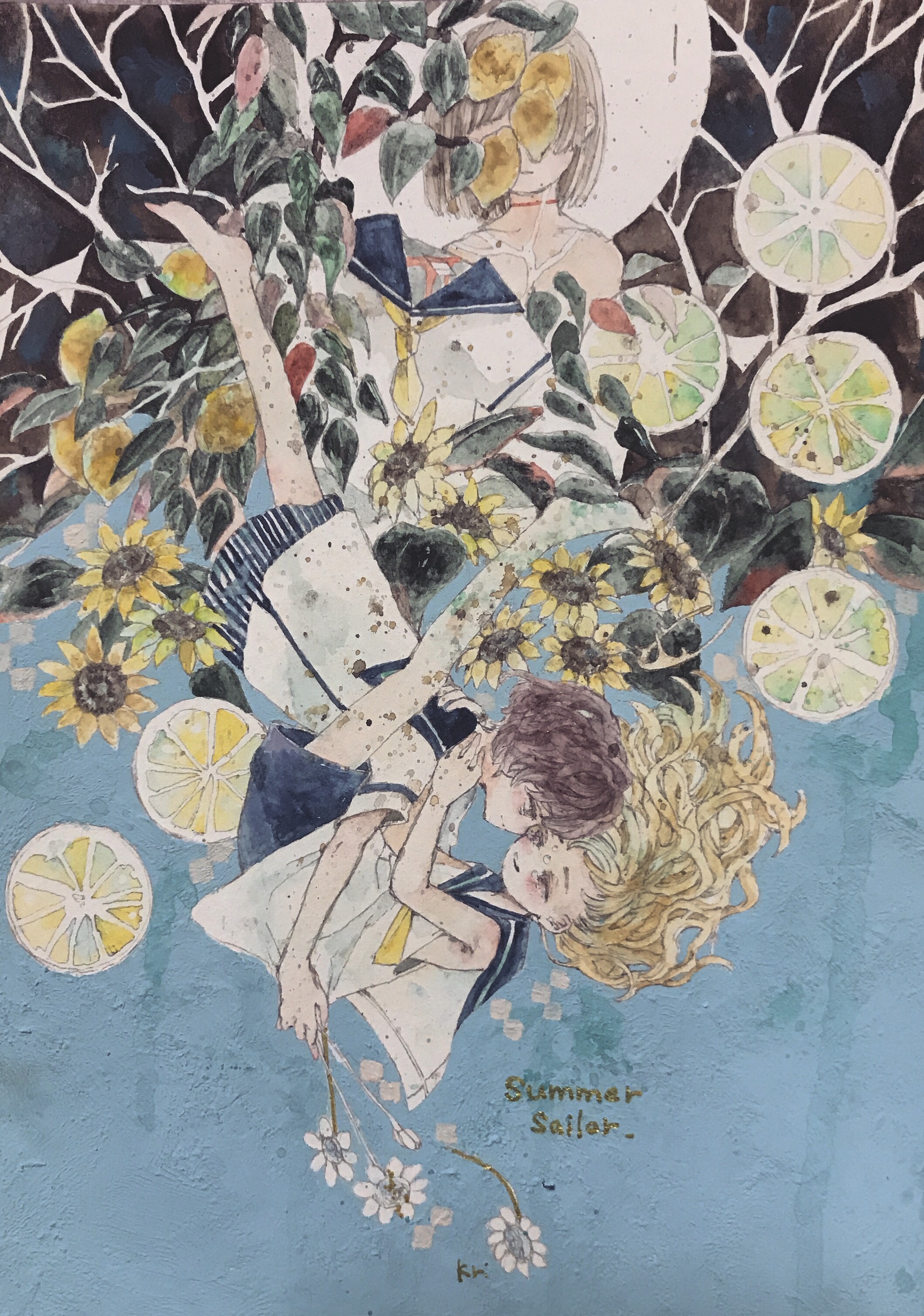 karintoun, original, absurdres, acrylic paint (medium), commentary request, highres, painting (medium), traditional media, watercolor (medium), 3girls, blonde hair, blue background, brown hair, closed eyes, closed mouth, english text, flower, food, from above, fruit, leaf, lemon, long hair, multiple girls, outdoors, plant, portrait, sailor collar, school uniform, serafuku, short hair, signature, skirt, summer, sunflower, tree, upper body, water