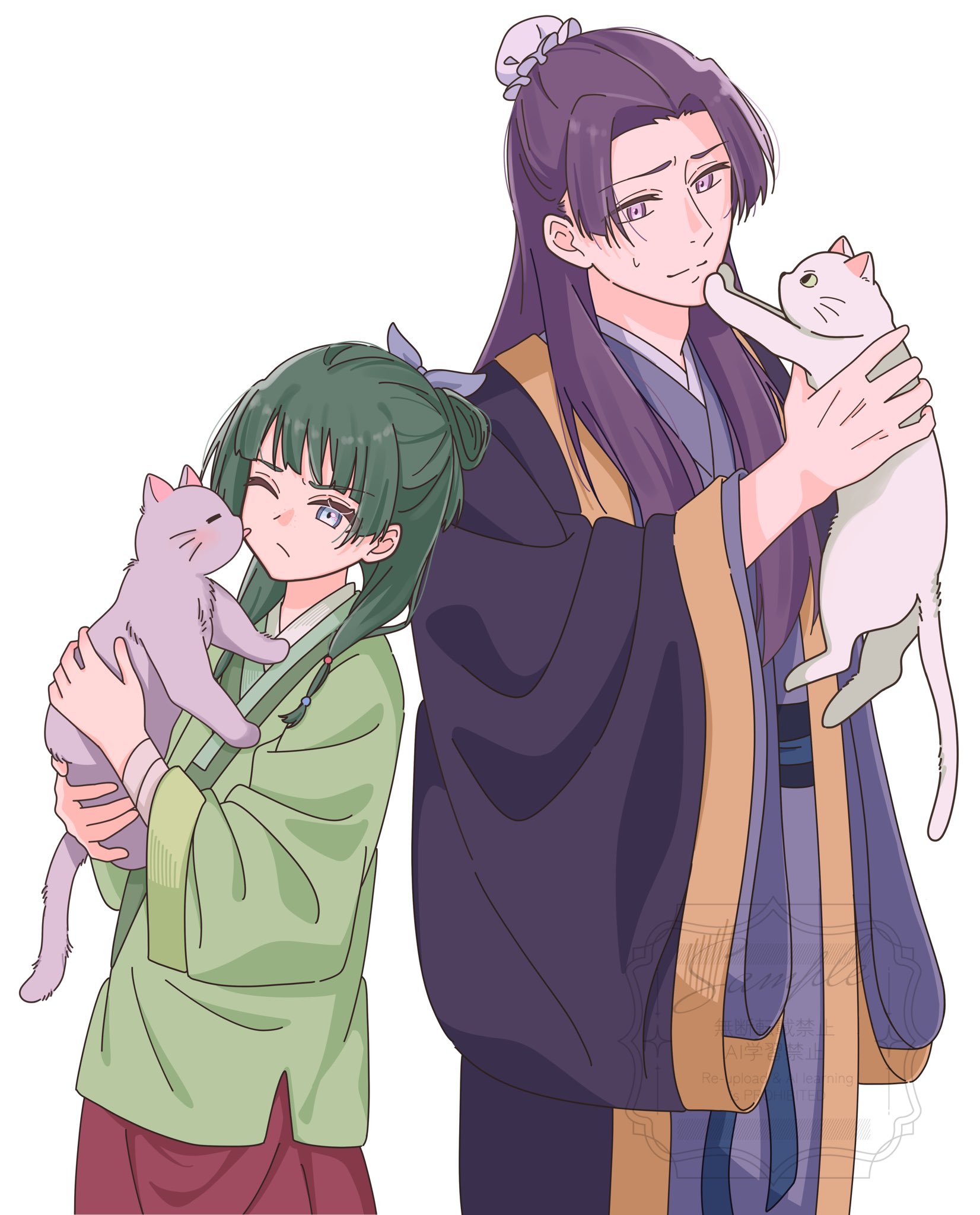 jinshi (kusuriya no hitorigoto), maomao (kusuriya no hitorigoto), kusuriya no hitorigoto, commentary request, highres, 1boy, 1girl, animal, beads, black robe, blue eyes, blue ribbon, blunt bangs, bun cover, cat, chinese clothes, cowboy shot, frown, furrowed brow, green hair, green shirt, hair beads, hair bun, hair ornament, hair ribbon, half updo, holding, holding animal, holding cat, koharusame, licking, licking another's face, long hair, one eye closed, parted bangs, purple eyes, purple hair, red skirt, ribbon, robe, shirt, skirt, sweatdrop, white background, wide sleeves