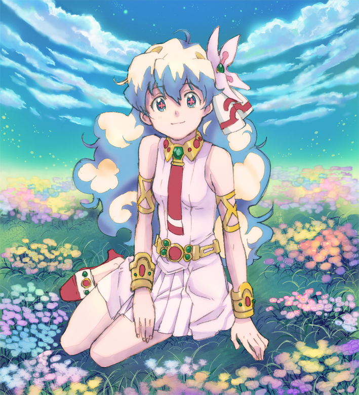 asawaki, nia teppelin, tengen toppa gurren lagann, bad id, bad pixiv id, + +, 00s, 1girl, arm support, armlet, bracelet, cloud, cross-shaped pupils, day, dress, female focus, field, flower, hair flower, hair ornament, jewelry, kneeling, long hair, multicolored hair, pink dress, pink skirt, sitting, skirt, sky, sleeveless, smile, solo, star (sky), starry sky, symbol-shaped pupils, two-tone hair, yokozuwari