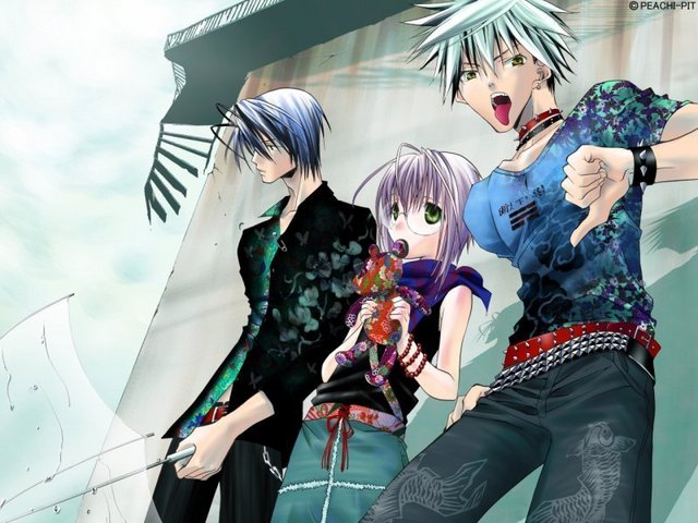 akatsuki chika, kita michiru, tachibana shito, zombie loan, silver hair, 00s, antenna hair, belt, blue hair, casual, earrings, glasses, green eyes, jewelry, pink hair, skirt, stuffed animal, stuffed toy, teddy bear, thumbs down, tongue, umbrella, yellow eyes