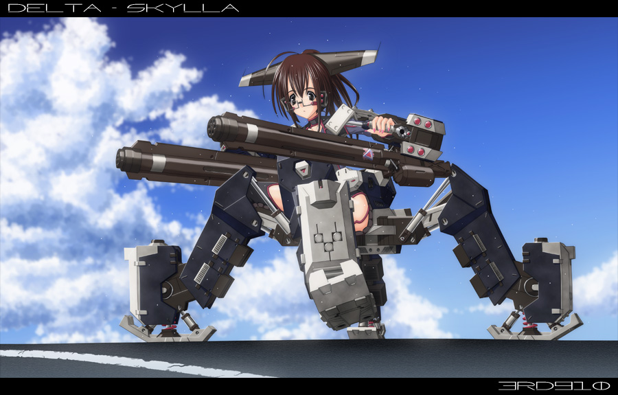 hier, armored core, armored core 3, fromsoftware, black eyes, brown hair, dual wielding, gatling gun, glasses, gun, holding, mecha musume, weapon