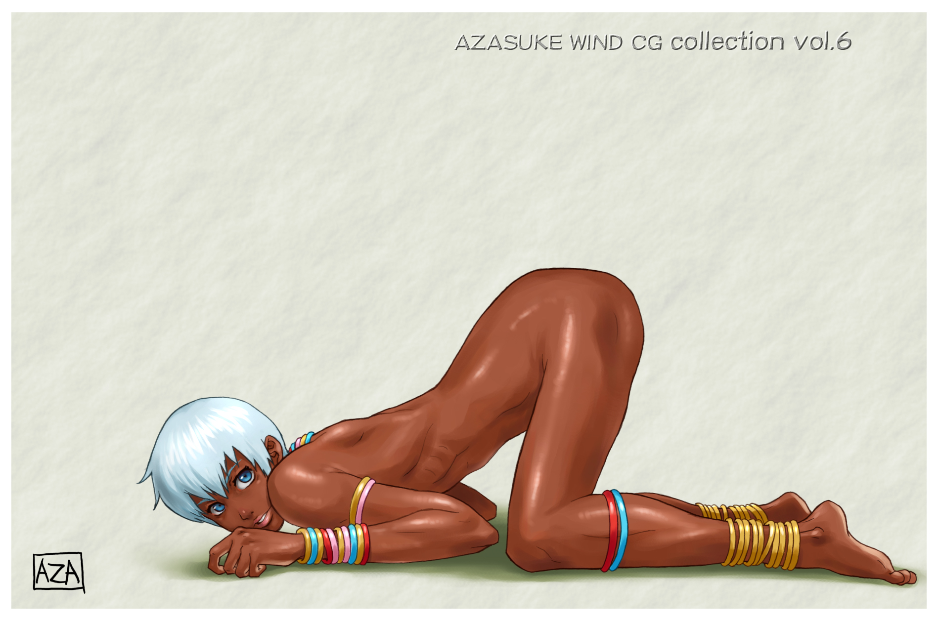 azasuke, elena (street fighter), capcom, street fighter, street fighter iii (series), highres, 1girl, anklet, ass, blue eyes, bracelet, dark-skinned female, dark skin, feet, female focus, full body, jewelry, looking at viewer, neck ring, nude, short hair, solo, top-down bottom-up, white hair