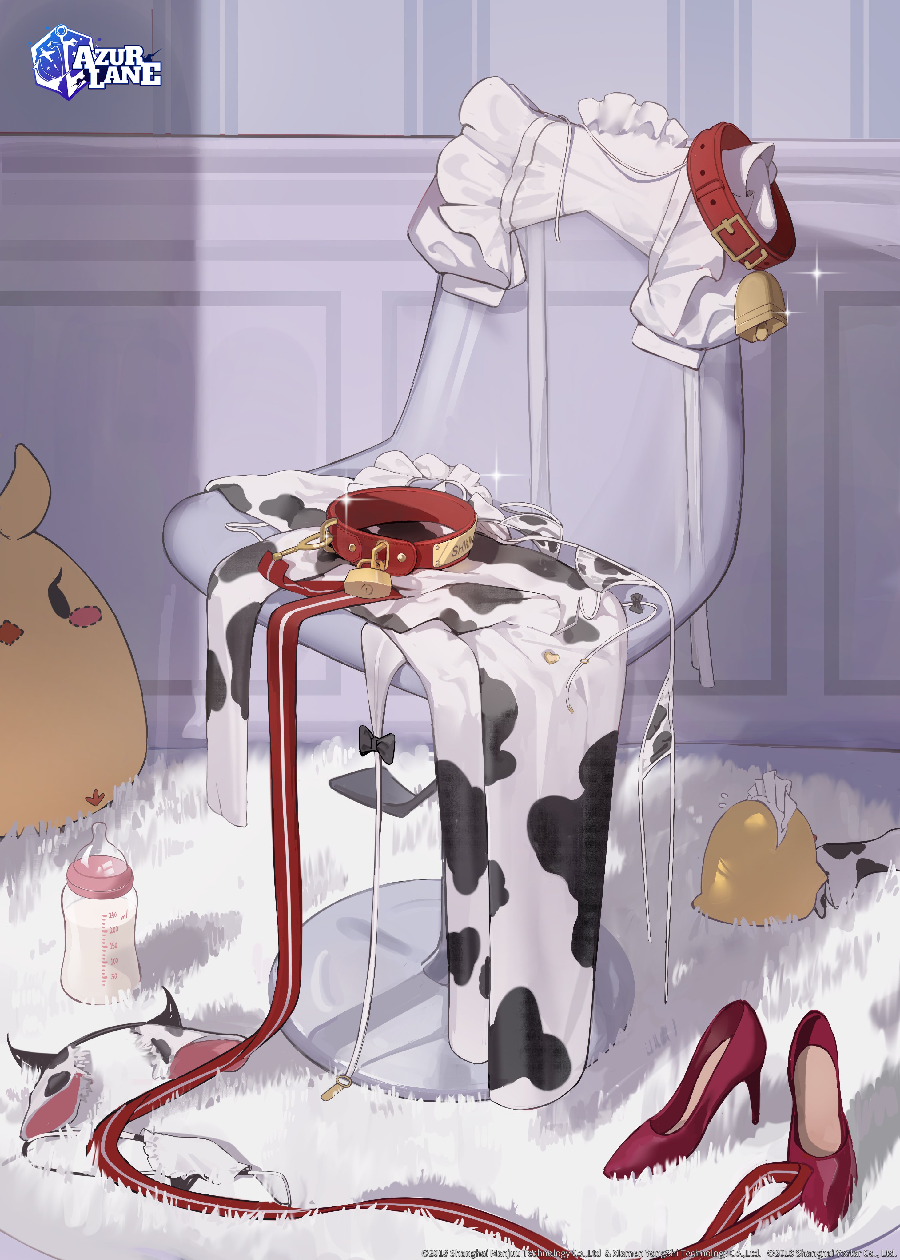 manjuu (azur lane), azur lane, absurdres, artist request, commentary, english commentary, highres, official art, second-party source, baby bottle, bell, bottle, chair, collar, fake horns, hairband, high heels, horns, no humans, red collar, red shoes, shoes, unworn clothes