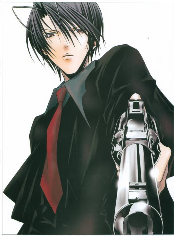 tachibana shito, zombie loan, 00s, antenna hair, blue hair, from below, gun, necktie, red eyes, weapon