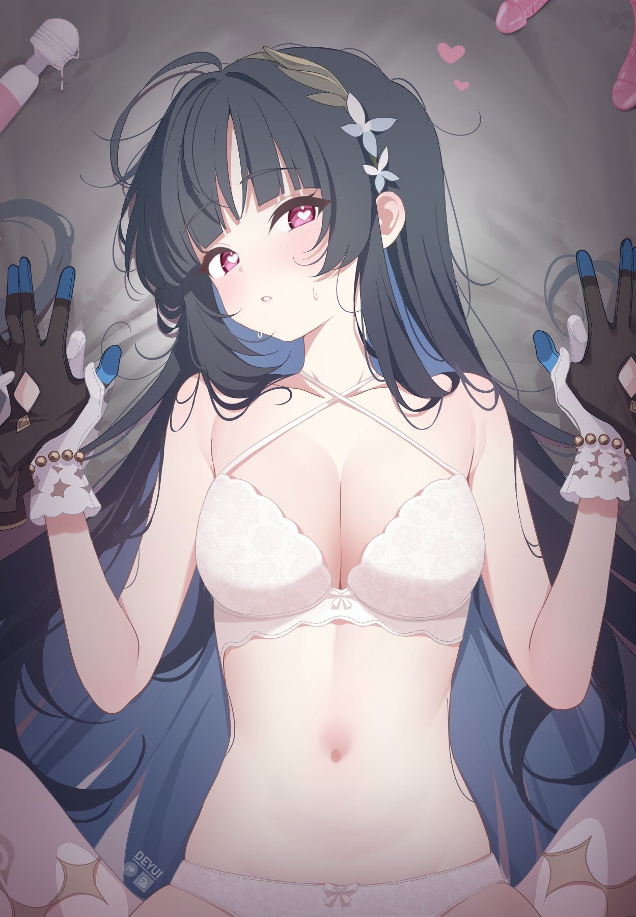 deyui, female tyrant (stella sora), nazuka (stella sora), tyrant (stella sora), stella sora, commentary request, highres, 2girls, black gloves, black hair, blue hair, bra, breasts, cleavage, colored inner hair, gloves, hair ornament, heart, heart-shaped pupils, large breasts, long hair, looking at viewer, lying, multicolored hair, multiple girls, navel, on back, panties, parted lips, pink eyes, solo focus, stomach, symbol-shaped pupils, underwear, very long hair, white bra, white gloves, white panties, yuri
