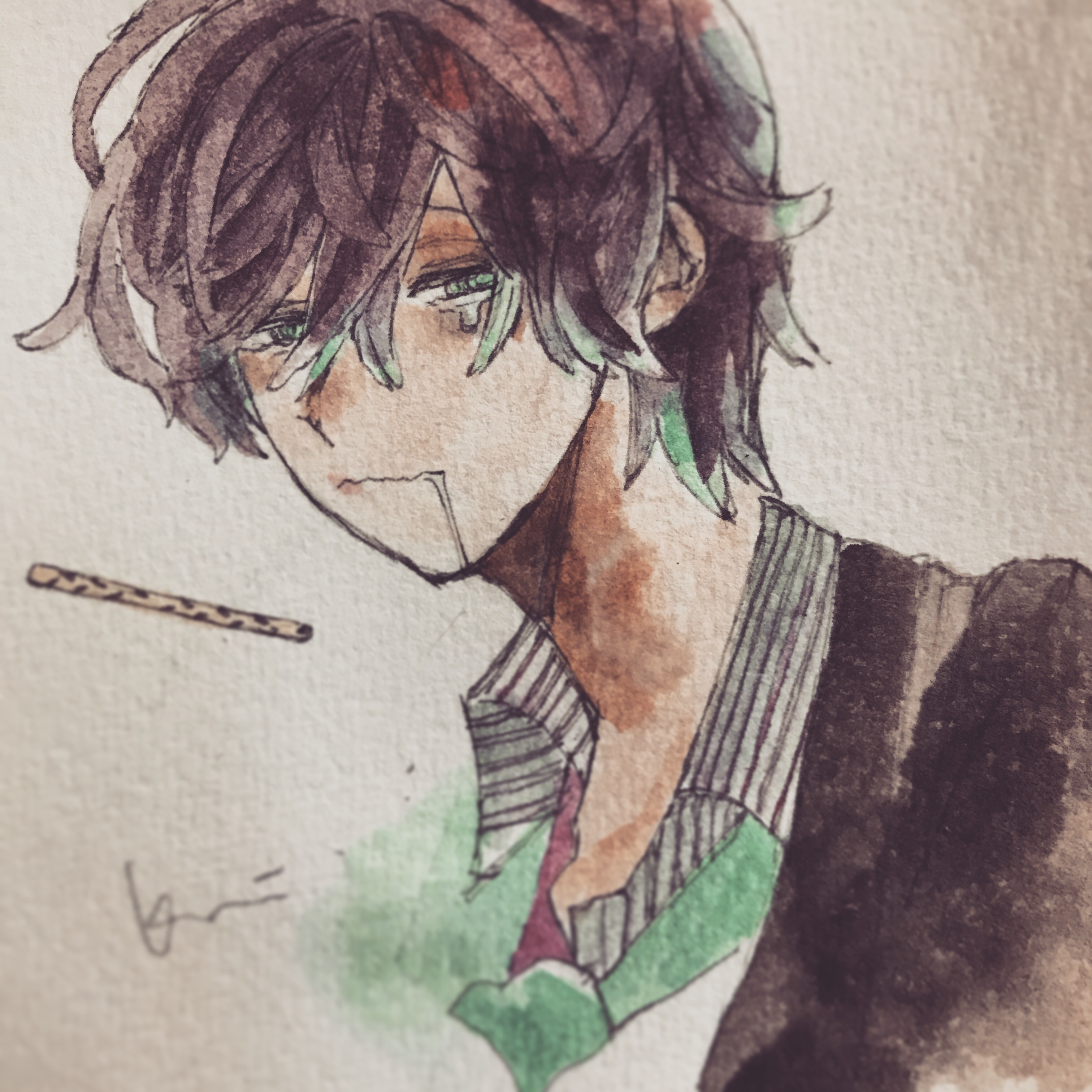 karintoun, kannonzaka doppo, hypnosis mic, absurdres, acrylic paint (medium), commentary request, highres, painting (medium), traditional media, watercolor (medium), 1boy, blazer, brown hair, collared shirt, gradient hair, green eyes, jacket, looking at viewer, medium hair, messy hair, multicolored hair, portrait, shirt, short hair, signature, simple background, striped clothes, striped shirt, tears, white background