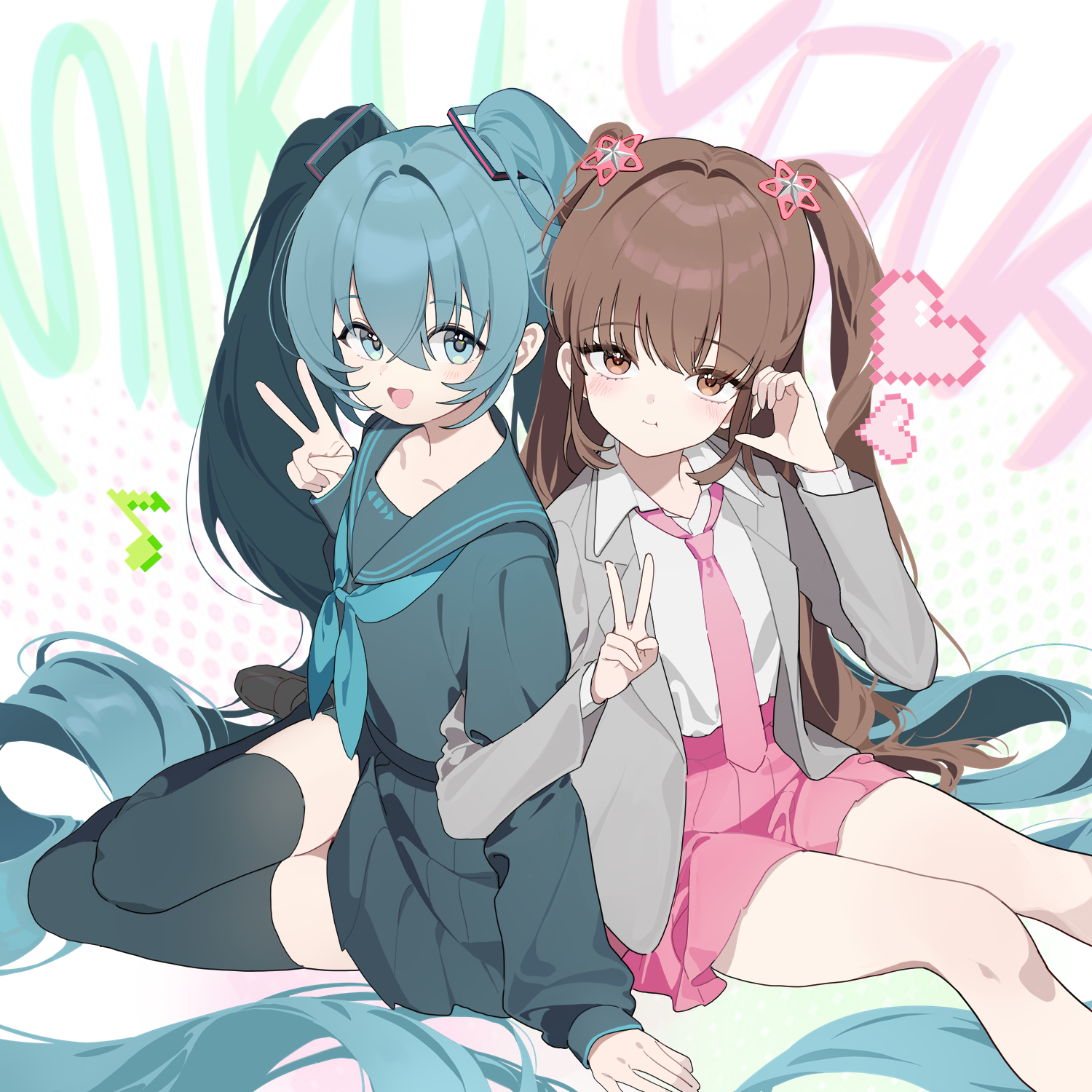 adcd, hatsune miku, vocaloid, character request, commentary, highres, :d, :t, back-to-back, blazer, blue eyes, blue hair, blue neckerchief, blue sailor collar, blue serafuku, blue shirt, blue skirt, blue thighhighs, blush, brown eyes, brown hair, character name, closed mouth, collarbone, collared shirt, eighth note, feet out of frame, grey jacket, hair intakes, halftone, halftone background, hand up, heart, jacket, locked arms, long hair, long sleeves, looking at viewer, musical note, neckerchief, necktie, open clothes, open jacket, open mouth, pink necktie, pink skirt, pixelated, pleated skirt, sailor collar, school uniform, serafuku, shirt, sitting, skirt, sleeves past wrists, smile, text background, thighhighs, twintails, two side up, v, very long hair, white shirt