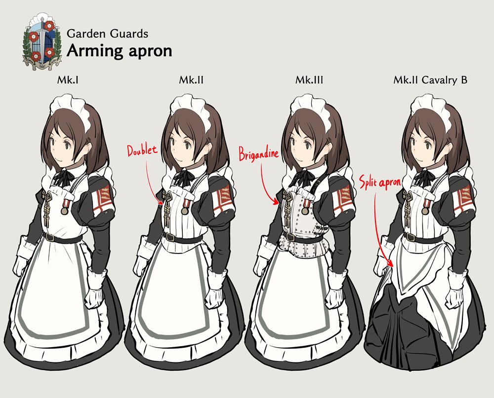 asterisk kome, commentary request, 1girl, apron, black bow, black dress, bow, bowtie, brown eyes, brown hair, closed mouth, dress, gloves, grey background, heroes of order, long sleeves, maid, maid apron, maid headdress, multiple views, short hair, simple background, smile, white apron, white gloves