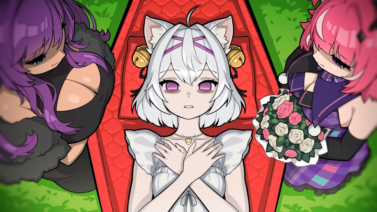 haedgie, camila (cami 2.0) (vtuber), camila (vtuber), cha cha (vtuber), filian (vtuber), rindo (vrchat), indie virtual youtuber, commentary, english commentary, official art, second-party source, video thumbnail, 3girls, ahoge, animal ear fluff, animal ears, bell, black dress, black ribbon, blurry, bouquet, breasts, cat ears, cat girl, cleavage, coffin, corpse, dark-skinned female, dark skin, dress, eyelashes, flower, from above, funeral, grass, hair bell, hair intakes, hair ornament, hair ribbon, holding, holding bouquet, jewelry, large breasts, long hair, multicolored hair, multiple girls, necklace, outdoors, pink flower, pink hair, purple dress, purple eyes, purple hair, ribbon, streaked hair, two-tone hair, virtual youtuber, white dress, white flower, white hair, youtube video thumbnail