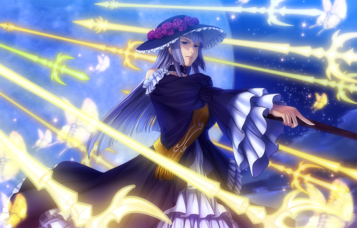 mutsuki (moonknives), ryukishi07, virgilia (umineko), fate (series), umineko no naku koro ni, 00s, 1girl, blue eyes, blunt bangs, bug, butterfly, choker, dress, female focus, flower, full moon, gate of babylon (fate), hat, hime cut, insect, long hair, moon, purple hair, smothered mate, solo, weapon