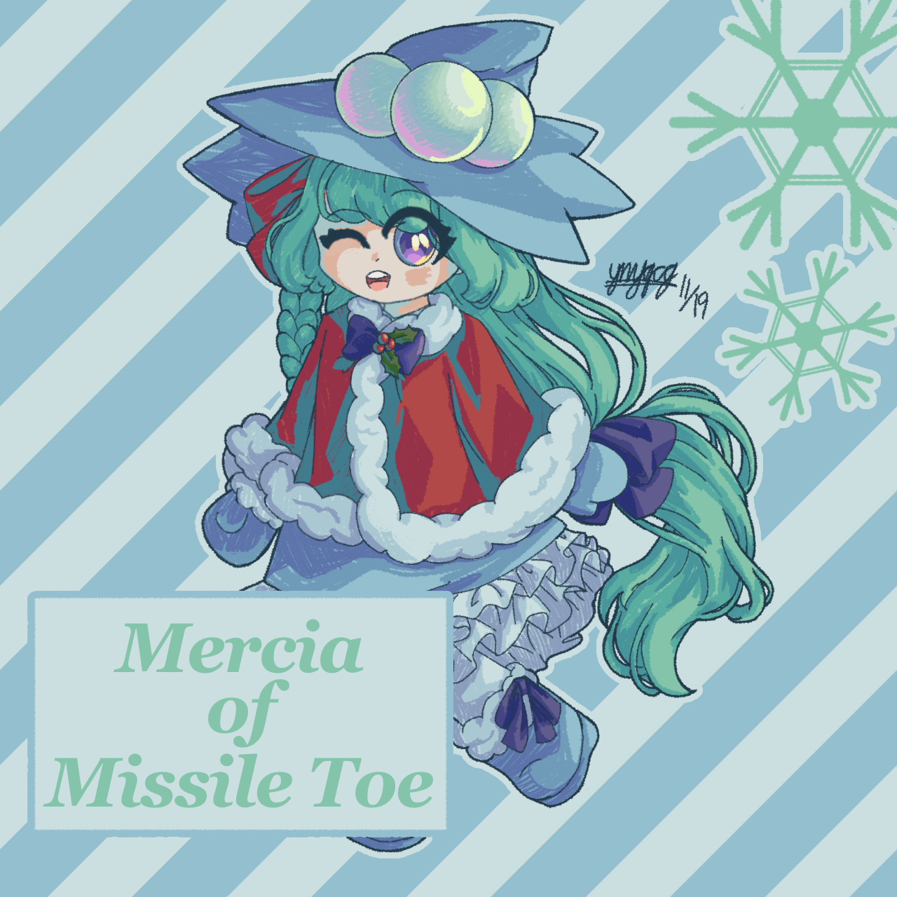 missile toe (plants vs. zombies), original, plants vs. zombies, plants vs. zombies 2, highres, 1girl, aqua hair, blue background, blue boots, blue dress, blue hat, blue mittens, blue outline, boots, braid, character name, dated, diagonal-striped background, dress, footwear ribbon, full body, hair ribbon, hat, jacket, long hair, mittens, multicolored jacket, one eye closed, open mouth, outline, personification, ponytail, purple eyes, purple ribbon, ribbon, signature, single braid, smile, snowflakes, solo, striped background, teeth, two-tone jacket, two-tone ribbon, upper teeth only, user vsvc2775
