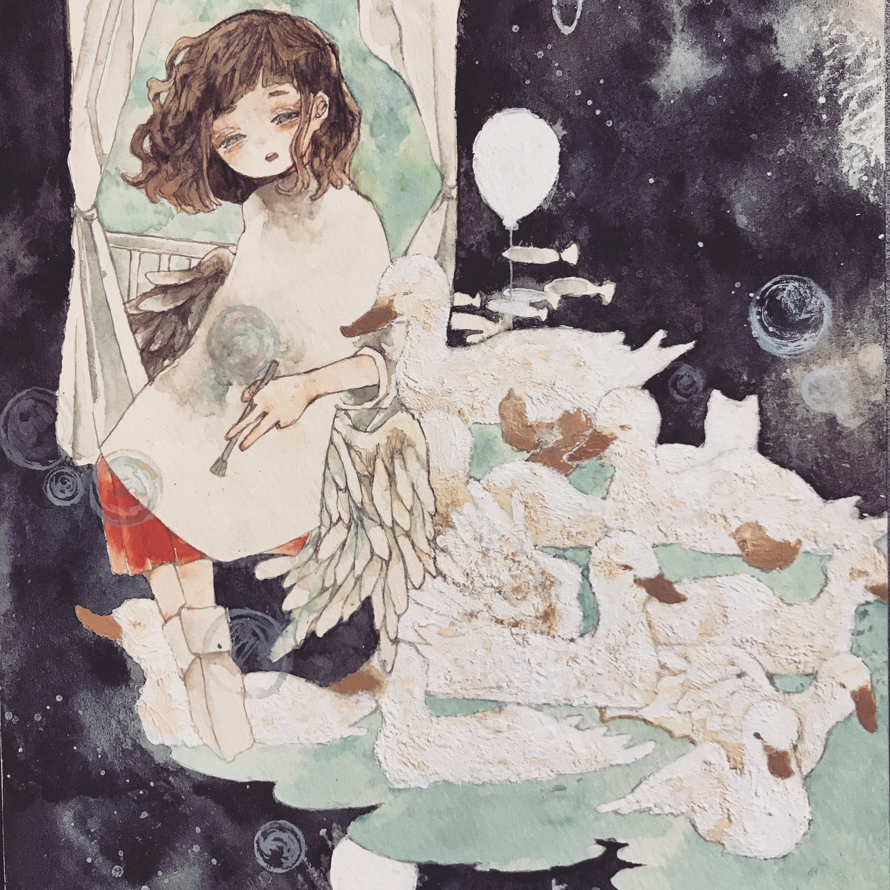 karintoun, original, absurdres, acrylic paint (medium), commentary request, highres, painting (medium), traditional media, watercolor (medium), 1girl, air bubble, balloon, barefoot, bird, black background, blunt bangs, brown hair, bubble, closed eyes, closed mouth, curly hair, dress, duck, expressionless, feathers, floating, indoors, long sleeves, looking down, medium hair, night, portrait, red skirt, simple background, skirt, straight-on, surreal, wings