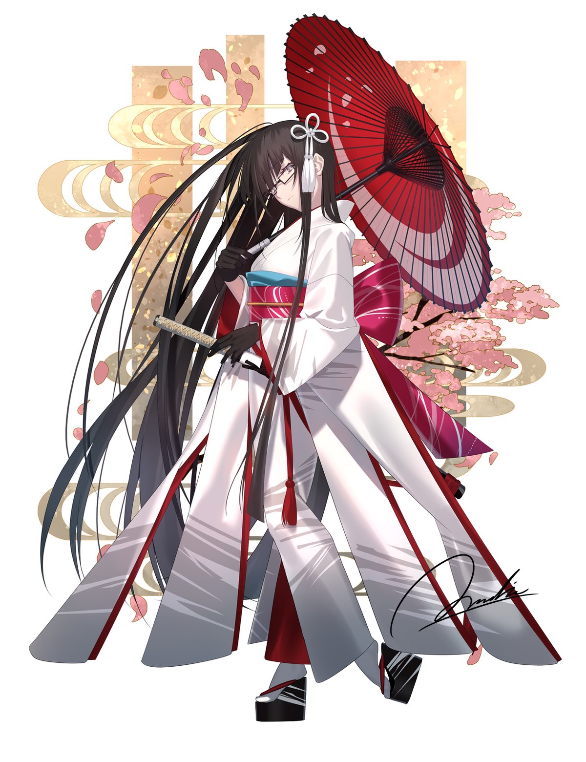 mashima saki (mashimasa), kurohime (fate), fate/grand order, fate (series), commentary request, highres, 1girl, breasts, brown hair, full body, glasses, grey eyes, japanese clothes, katana, kimono, long hair, long sleeves, looking at viewer, medium breasts, obi, oil-paper umbrella, platform sandals, sandals, sash, scar, scar across eye, scar on face, sidelocks, solo, sword, umbrella, very long hair, weapon, white kimono, wide sleeves