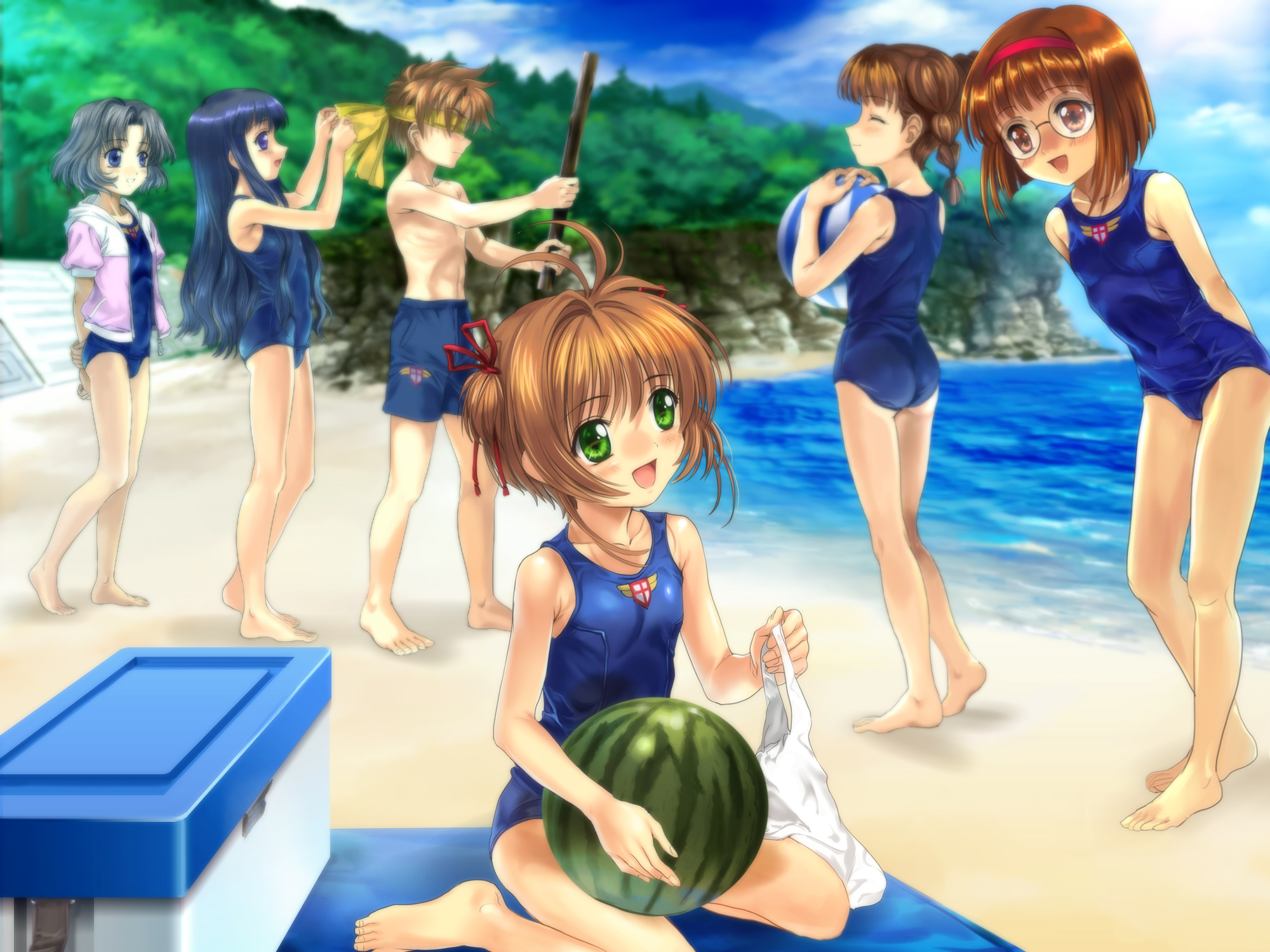 mutsuki (moonknives), daidouji tomoyo, kinomoto sakura, li syaoran, mihara chiharu, sasaki rika, yanagisawa naoko, cardcaptor sakura, highres, 1990s (style), 1boy, 5girls, ball, barefoot, beach, beachball, blanket, blue hair, blue sky, brown eyes, brown hair, child, closed eyes, cloud, cooler, cove, feet, flat chest, food, forest, fruit, glasses, green eyes, happy, leaning forward, long hair, multiple girls, nature, ocean, one-piece swimsuit, outdoors, retro artstyle, school swimsuit, short hair, sitting, sky, standing, swimsuit, toes, wariza, watermelon