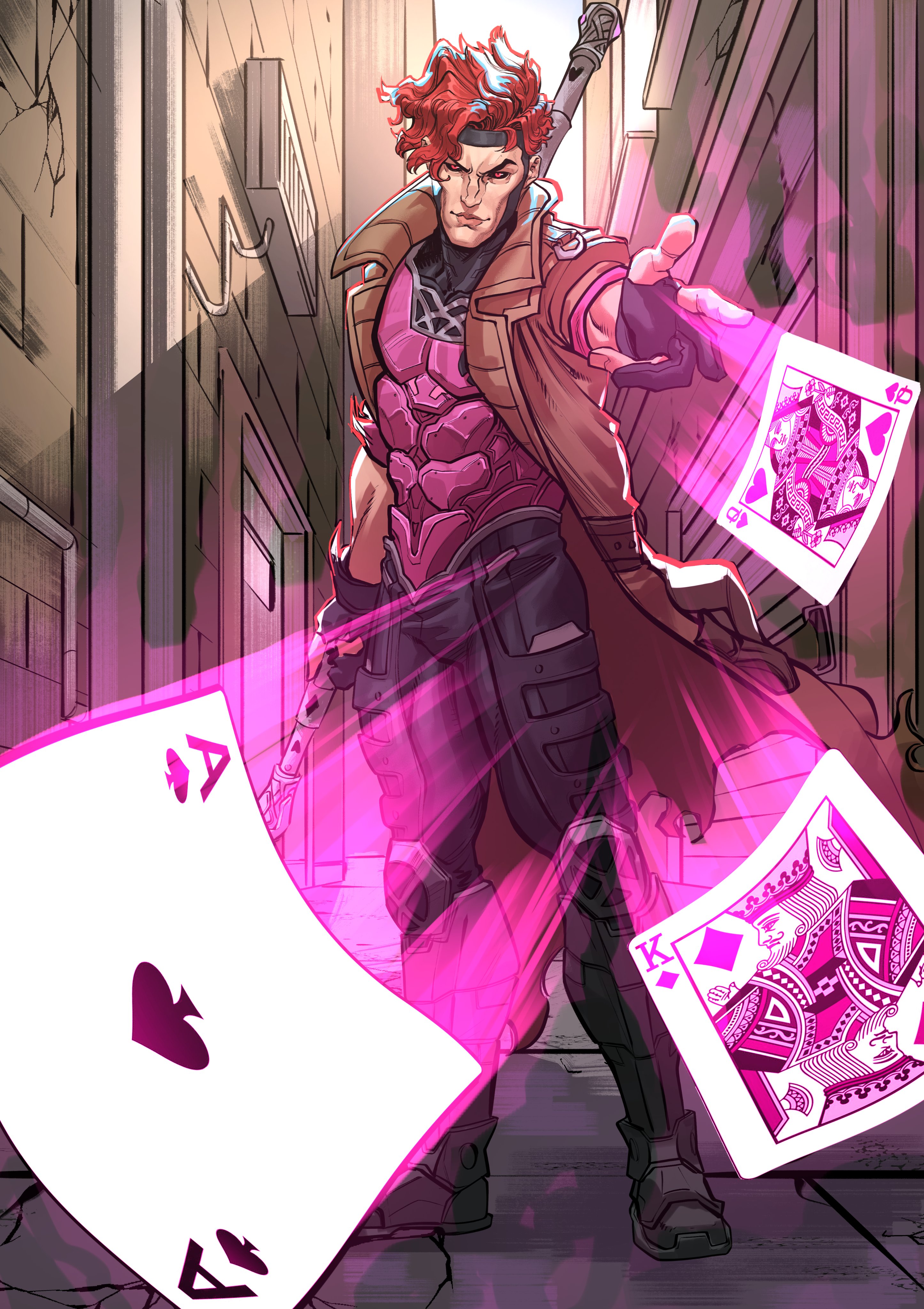 arashikumo1, gambit, marvel, marvel rivals, x-men, absurdres, commentary, commission, english commentary, highres, 1boy, ace (playing card), ace of spades, alley, armor, black gloves, black sclera, bo staff, brown coat, card, card with aura, coat, colored sclera, covered abs, fingerless gloves, full body, gloves, glowing card, holding, holding staff, incoming attack, king (playing card), king of diamonds, looking at viewer, male focus, muscular, muscular male, pink armor, playing card, queen (playing card), queen of hearts (playing card), red eyes, red hair, short hair, solo, spade (shape), staff, superhero costume, trench coat