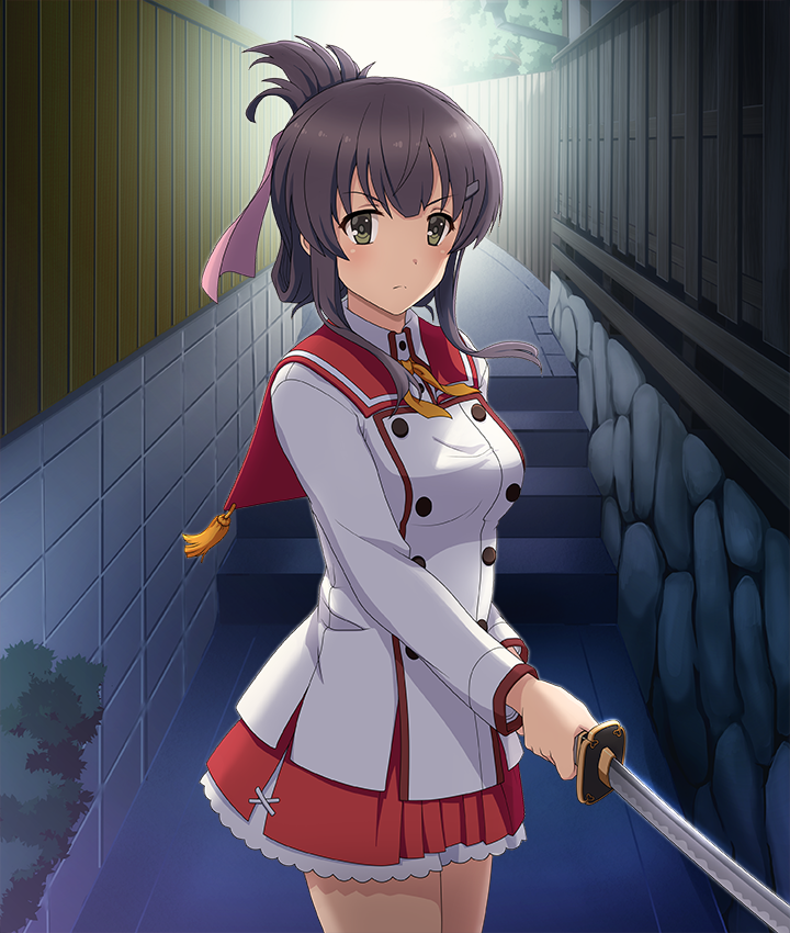 yanase mai, toji no miko, toji no miko: kizamishi issen no tomoshibi, game cg, official art, third-party source, 1girl, alley, blush, breasts, brown hair, buttons, closed mouth, cowboy shot, dot nose, double-breasted, fighting stance, green eyes, hair ornament, hair ribbon, hair rings, hairclip, holding, holding sword, holding weapon, katana, large breasts, looking at viewer, medium hair, minoseki gakuin uniform, outdoors, pink ribbon, red sailor collar, red skirt, ribbon, sailor collar, school uniform, serious, shirt, sidelocks, single hair ring, skirt, solo, stairs, sword, tassel, two-handed, weapon, white shirt, yellow ribbon