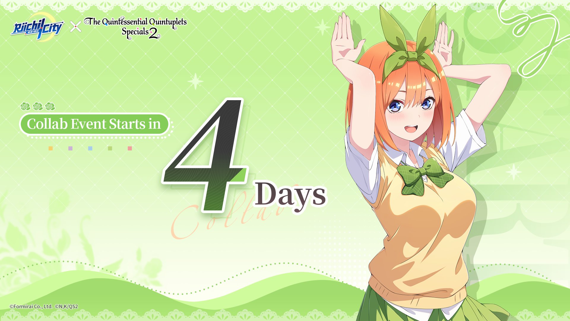 nakano yotsuba, go-toubun no hanayome, riichi city, game cg, highres, official art, translated, 1girl, arms up, blue eyes, blush, bow, bowtie, breasts, cardigan, collarbone, collared shirt, dot nose, english text, female focus, green bow, green bowtie, green ribbon, green skirt, hair bow, hair ribbon, large breasts, looking at viewer, medium hair, miniskirt, open mouth, orange hair, pleated skirt, ribbon, school uniform, shirt, shirt under sweater, short sleeves, skirt, smile, solo, solo focus, teeth, upper teeth only, white shirt, yellow cardigan