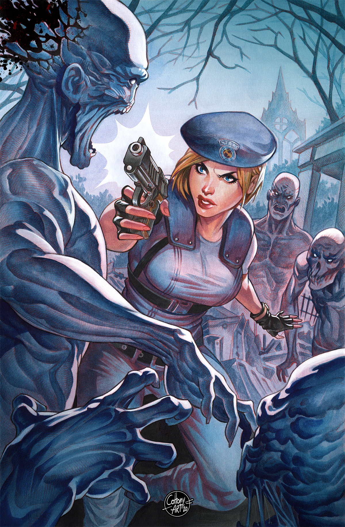 cottony hotchkiss, jill valentine, resident evil, commentary, english commentary, highres, 1girl, aiming, artist name, beret, black gloves, blood, blue eyes, blue hat, blue shirt, brown hair, fingerless gloves, gloves, gun, handgun, hat, headshot, holding, holding gun, holding weapon, parted lips, shirt, shoulder pads, signature, weapon, zombie