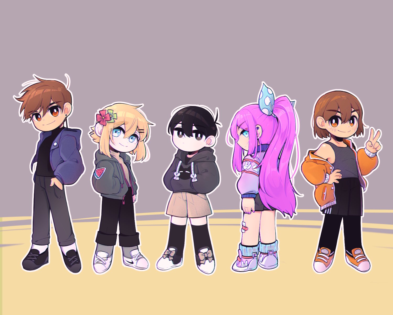 morivivi3, forest bunny (omori), mewo, omori, highres, source request, third-party source, 1girl, 4boys, alternate costume, alternate eye color, alternate hairstyle, antenna hair, black eyes, black hair, black hoodie, black pants, black shoes, black shorts, black socks, blonde hair, blue eyes, blue jacket, blue ribbon, blush, bright pupils, brothers, brown eyes, brown hair, brown shorts, chibi, chibi only, closed mouth, dark-skinned male, dark skin, double-parted bangs, ear piercing, flower, green jacket, hair between eyes, hair flower, hair ornament, hair ribbon, hairclip, hands in pockets, hood, hood down, hooded jacket, hoodie, jacket, kneehighs, looking at viewer, multiple boys, open clothes, open jacket, orange jacket, orange shoes, pants, parallel hairclips, piercing, pink hair, pink jacket, pink shoes, polka dot, polka dot ribbon, ponytail, ribbon, shoes, short hair, shorts, siblings, smile, sneakers, socks, unzipped, v, white pupils, white shoes, white socks