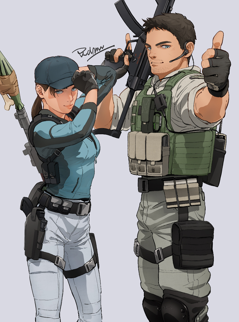 oimobugs, chris redfield, jill valentine, resident evil, resident evil 5, commentary request, 1boy, 1girl, assault rifle, beard stubble, black gloves, black hair, blue eyes, blue hat, brown hair, bulletproof vest, facial hair, fingerless gloves, gloves, grey background, gun, hat, holding, holding gun, holding weapon, pants, rifle, rocket launcher, signature, simple background, stubble, thigh strap, thumbs up, weapon