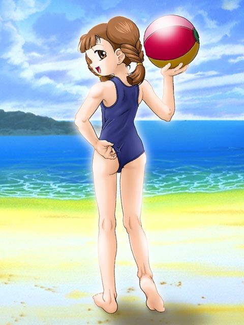 d-ten, mihara chiharu, cardcaptor sakura, jpeg artifacts, ball, beach, beachball, brown eyes, brown hair, cove, ocean, swimsuit