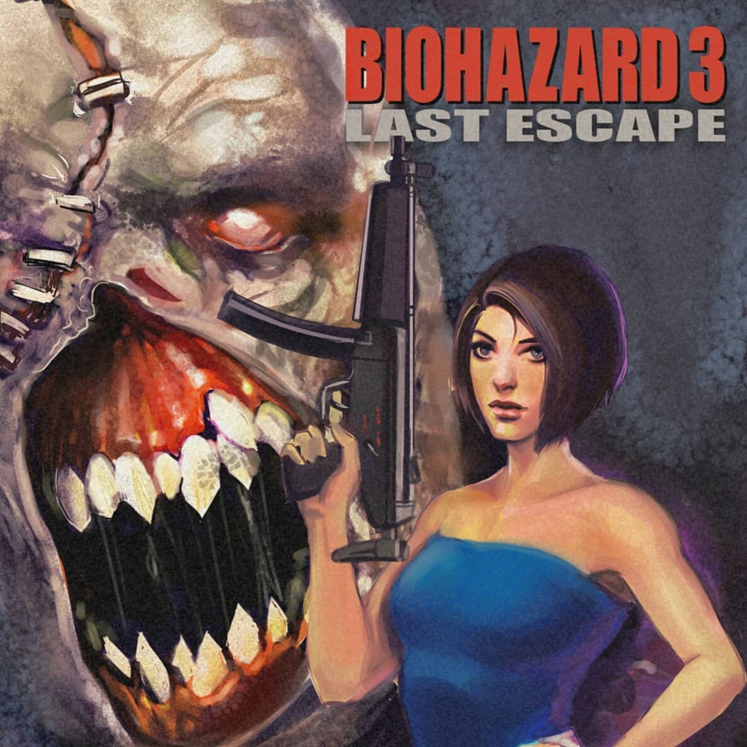 desantiart, jill valentine, nemesis (resident evil), resident evil, resident evil 3: nemesis, commentary, english commentary, 1boy, 1girl, assault rifle, blue eyes, blue tube top, brown hair, gun, holding, holding gun, holding weapon, one-eyed, rifle, sharp teeth, stitched face, stitches, strapless, teeth, tube top, weapon